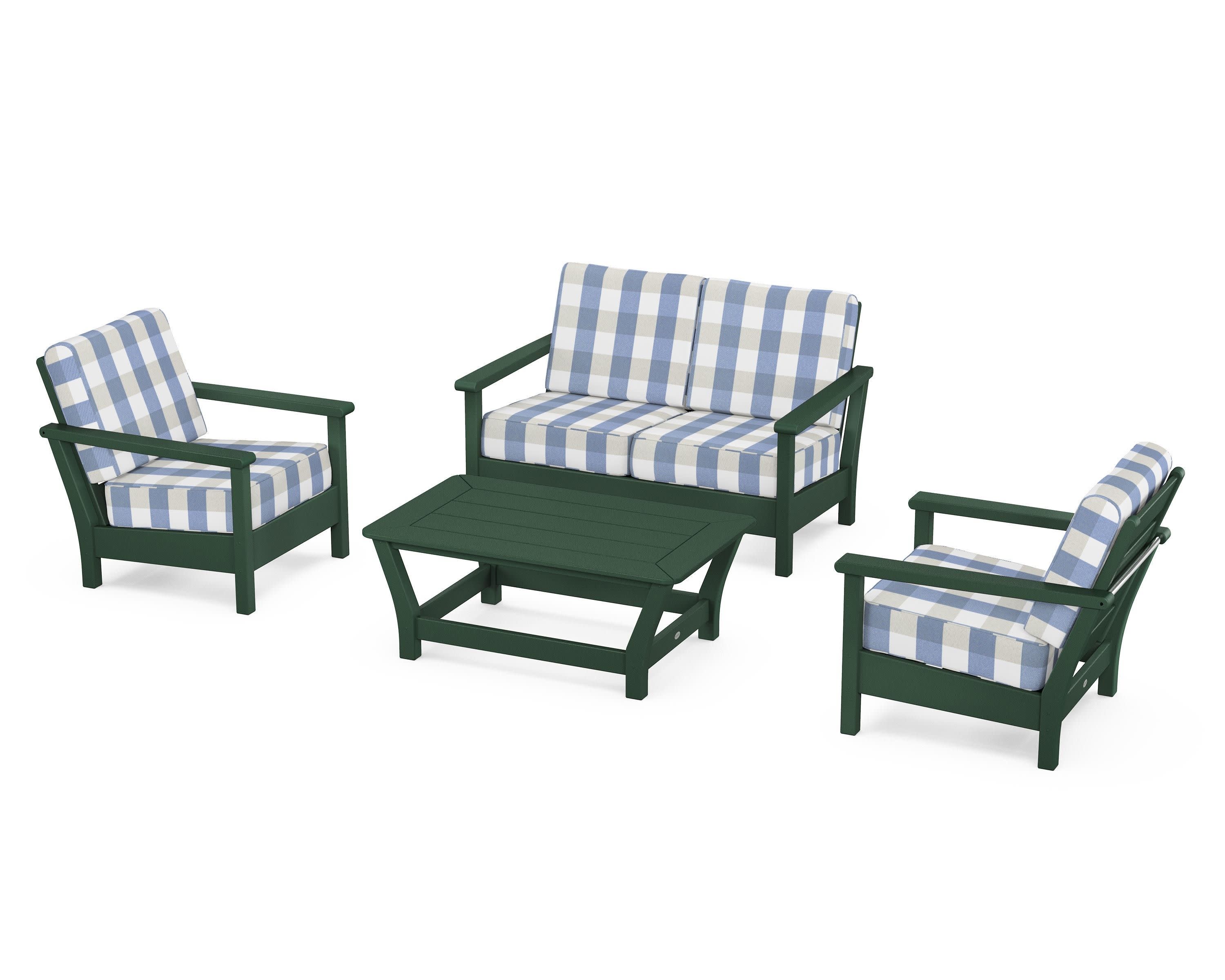 Harbour 4-Piece Deep Seating Set in Green / Buffalo Plaid Sky Blue