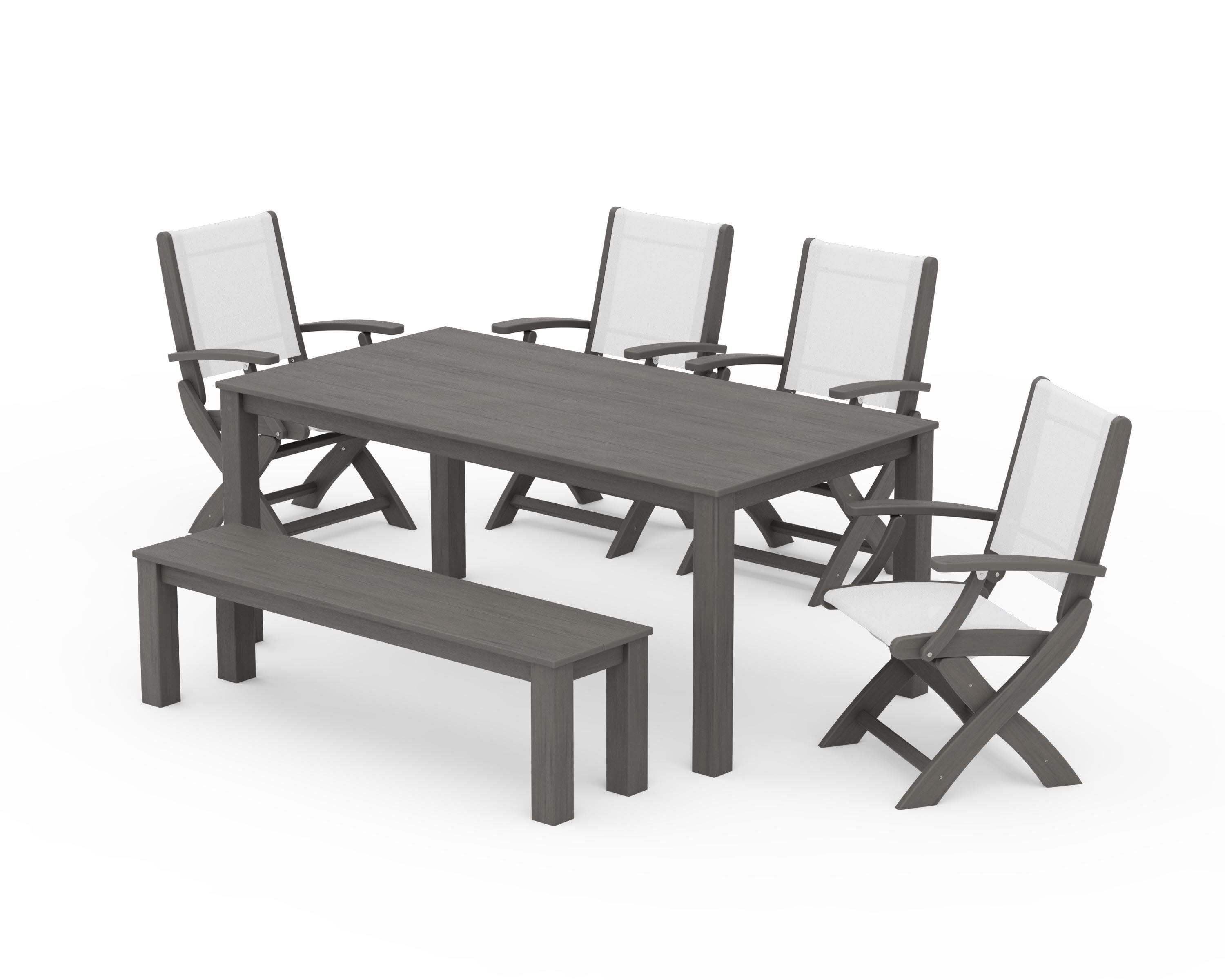 Coastal Folding Chair 6-Piece Parsons Dining Set with Bench in Driftwood / White Sling