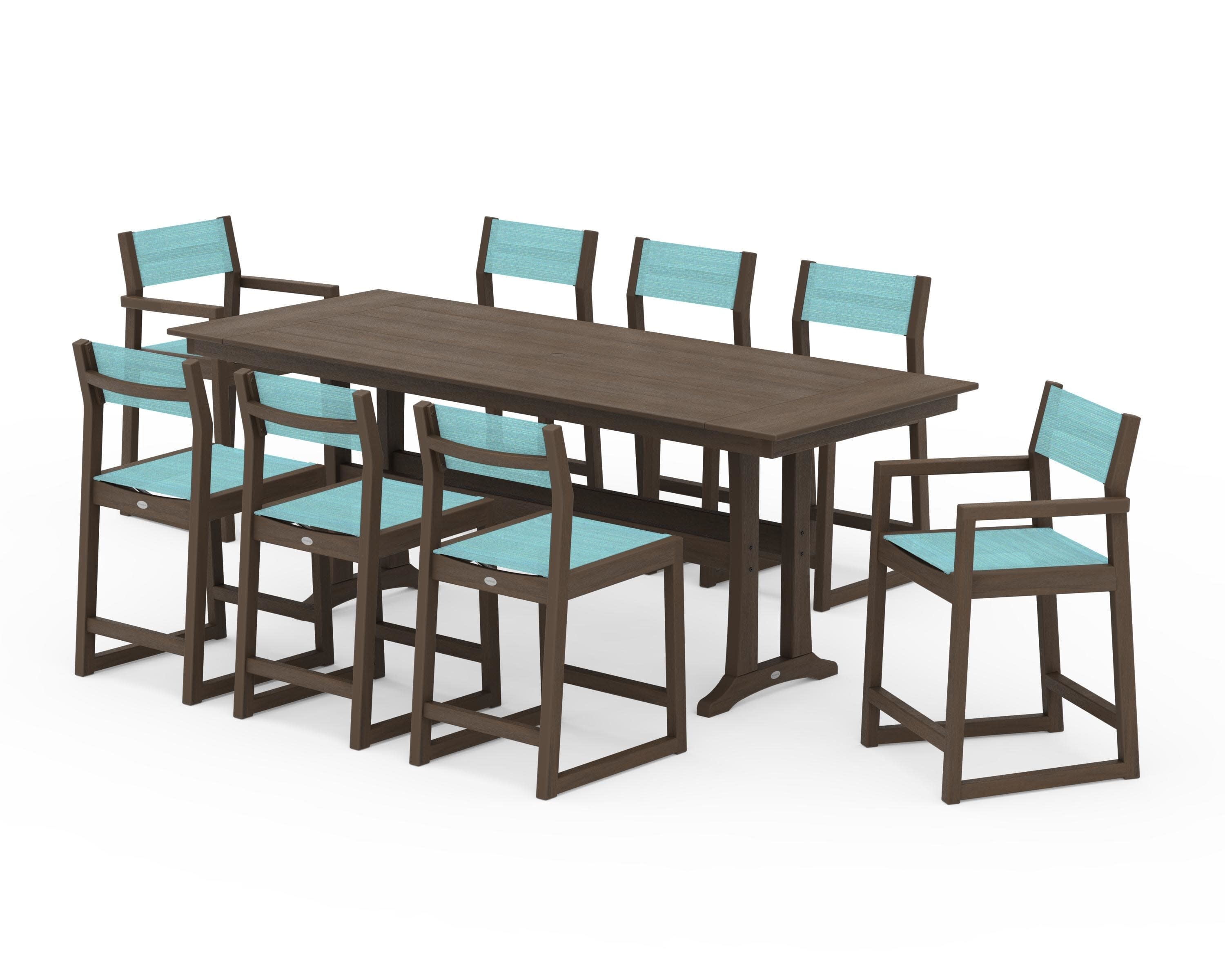 EDGE Sling 9-Piece Farmhouse Counter Set with Trestle Legs in Kona / Dupioni Aquamarine Sling