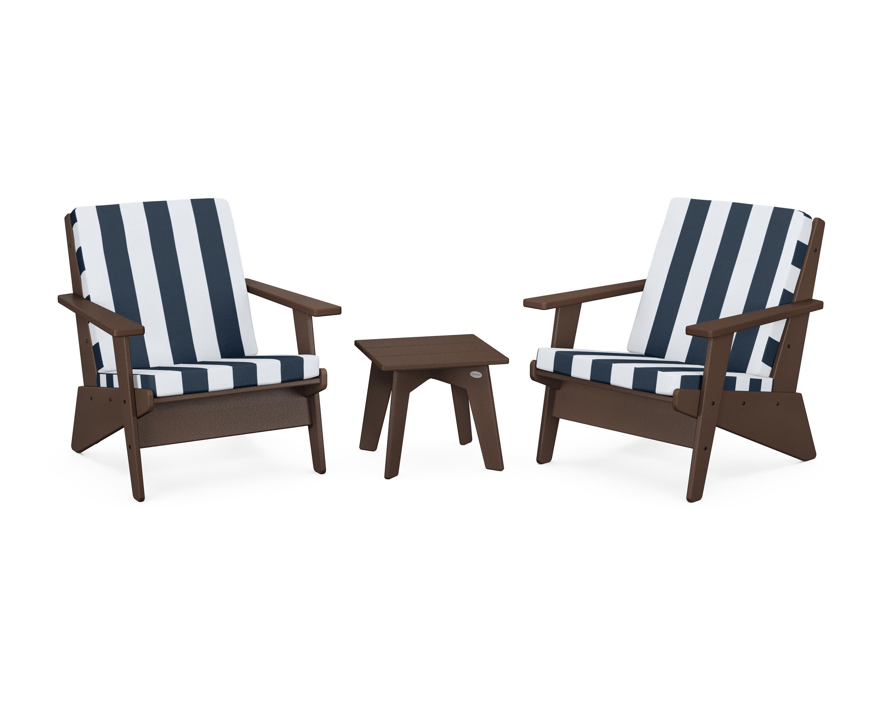 Riviera Modern Lounge 3-Piece Set in Mahogany / Cabana Stripe Marine Indigo