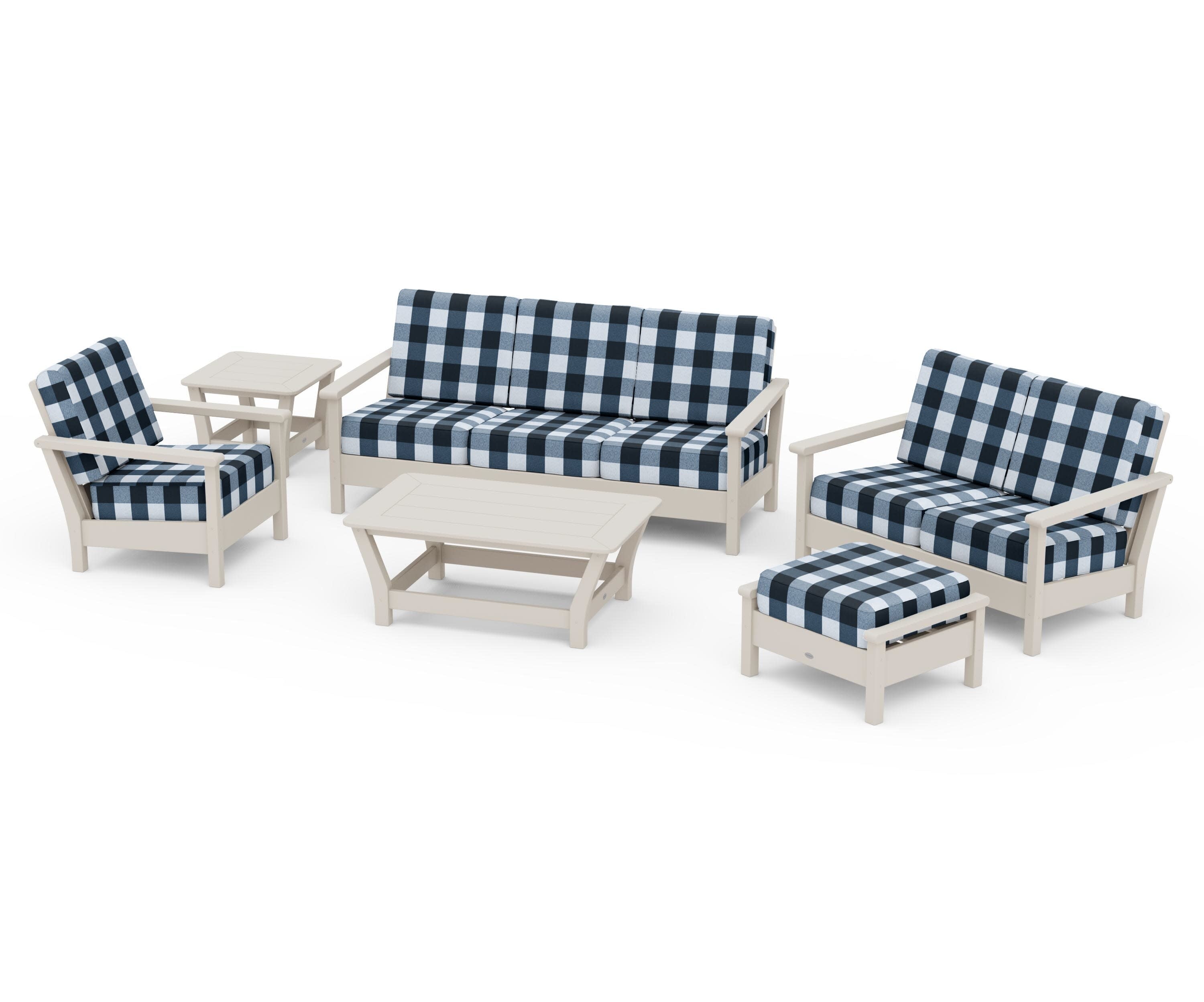 Harbour 6-Piece Outdoor Living Set in Sand / Buffalo Plaid Marine Indigo