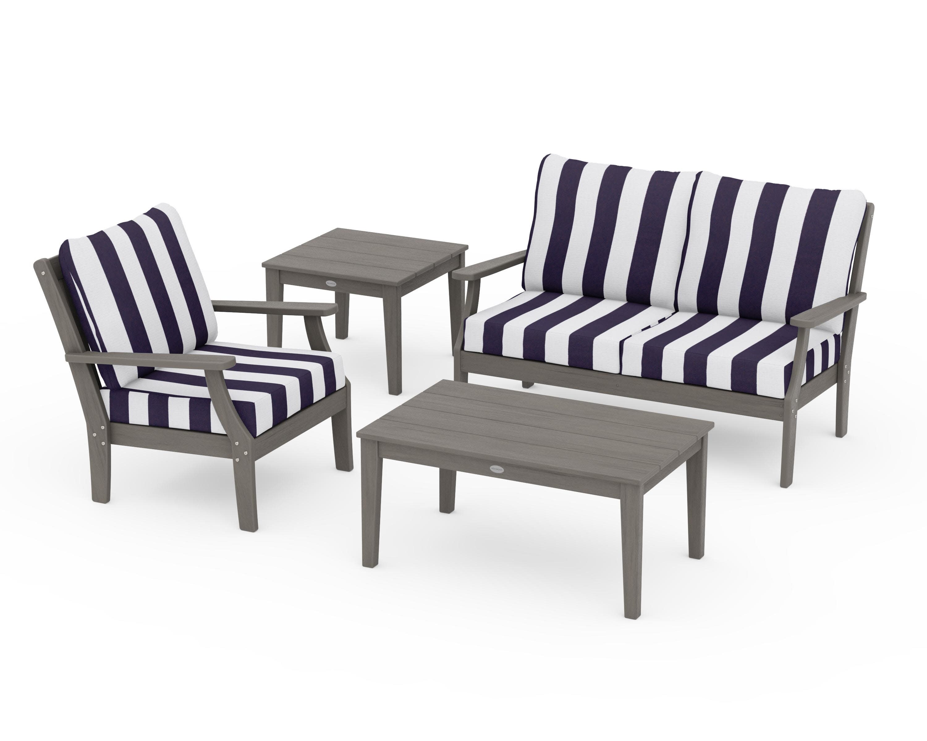 Braxton 4-Piece Deep Seating Set in Driftwood / Cabana Stripe Navy