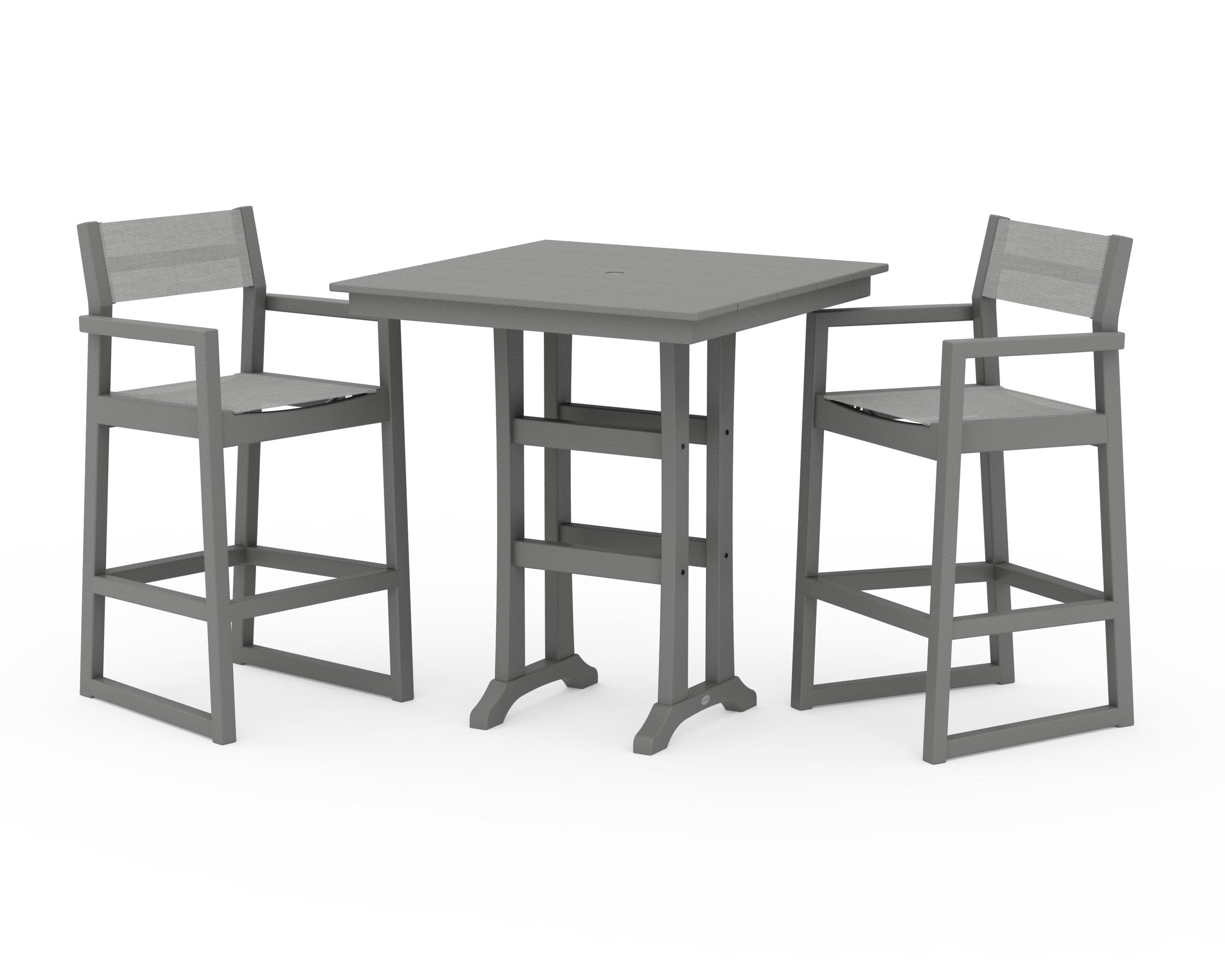 EDGE Sling Arm Chair 3-Piece Farmhouse Bar Set with Trestle Legs in Slate Grey / Metallic Sling