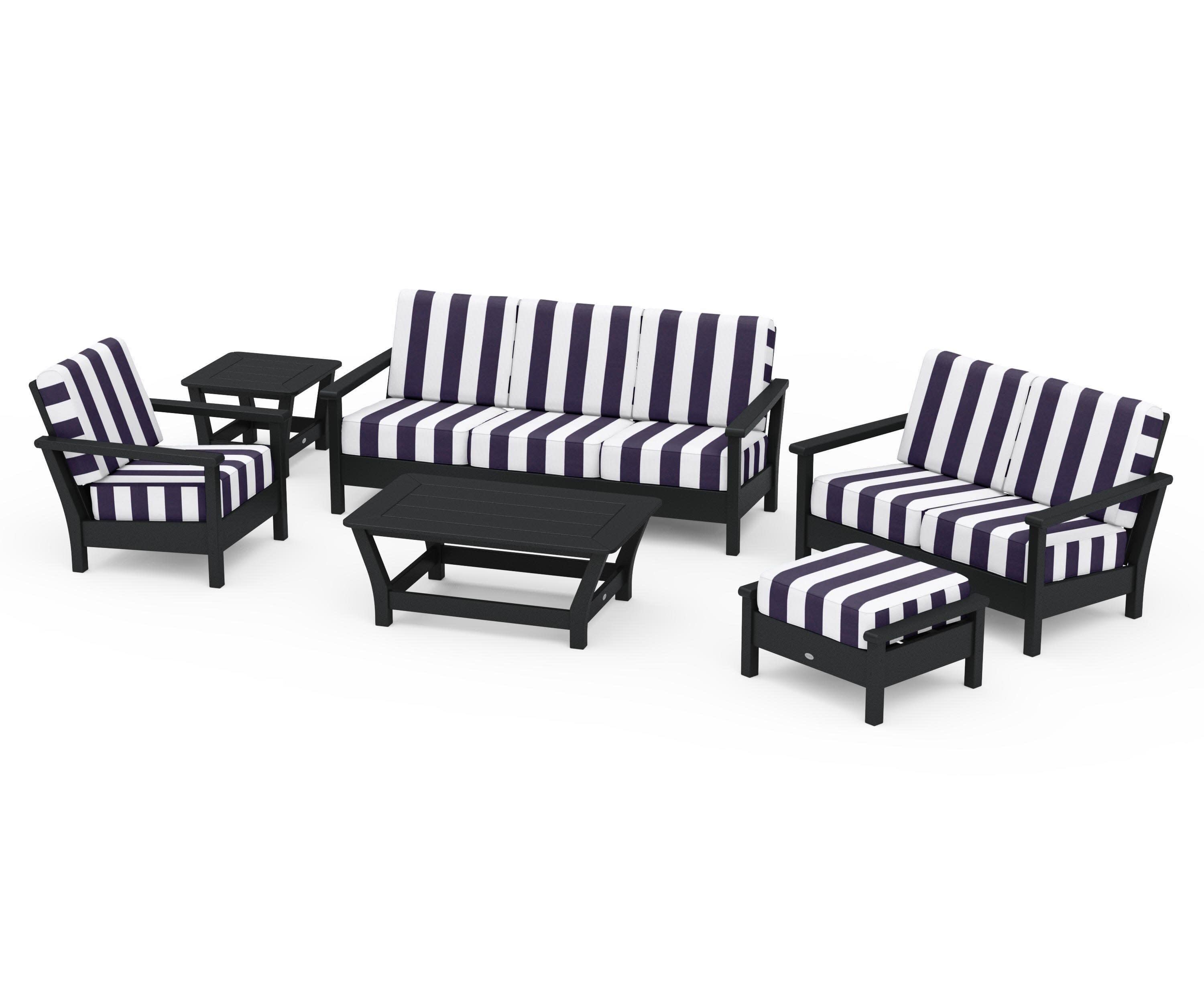 Harbour 6-Piece Outdoor Living Set in Black / Cabana Stripe Navy