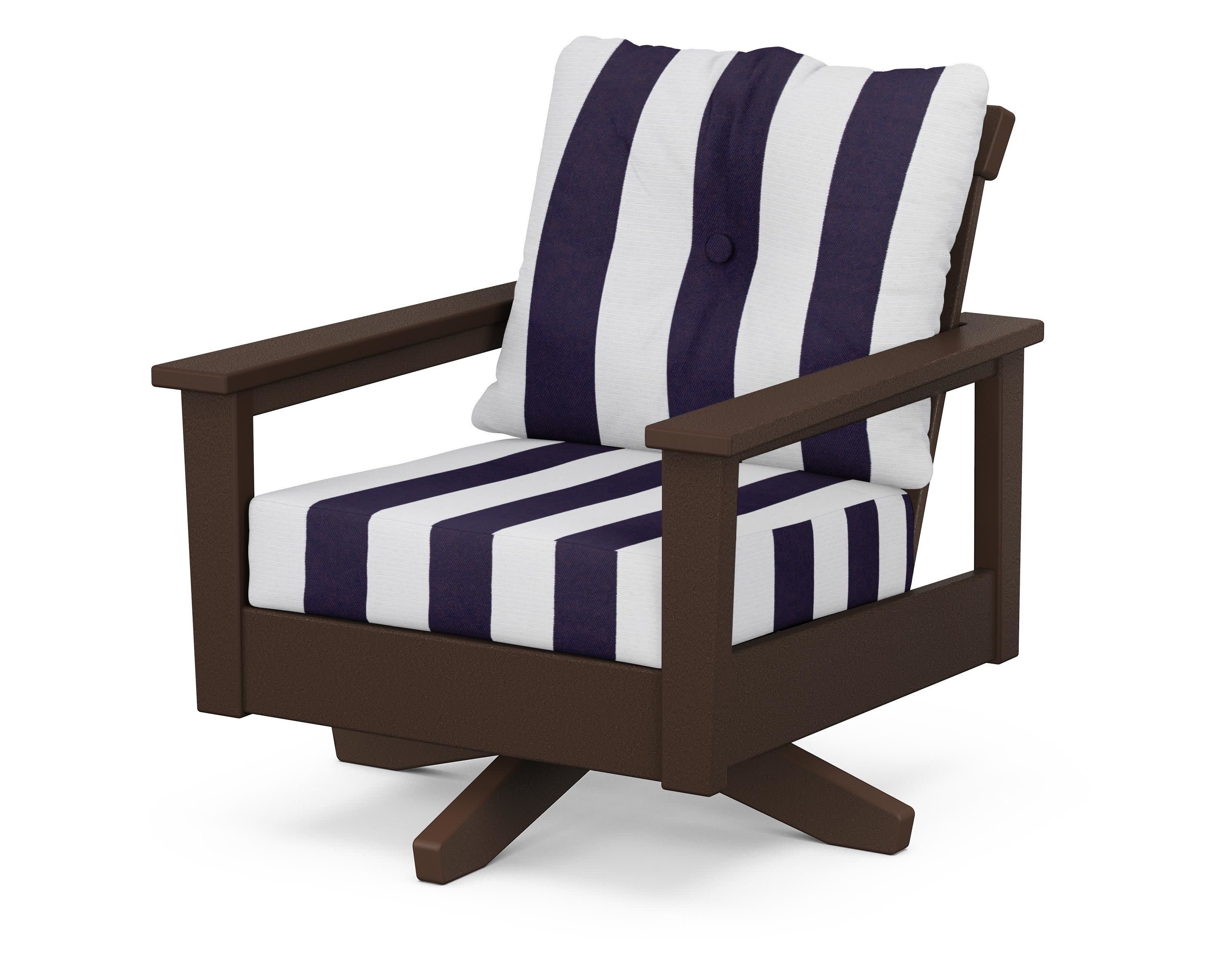 Prescott Deep Seating Swivel Chair in Mahogany / Cabana Stripe Navy