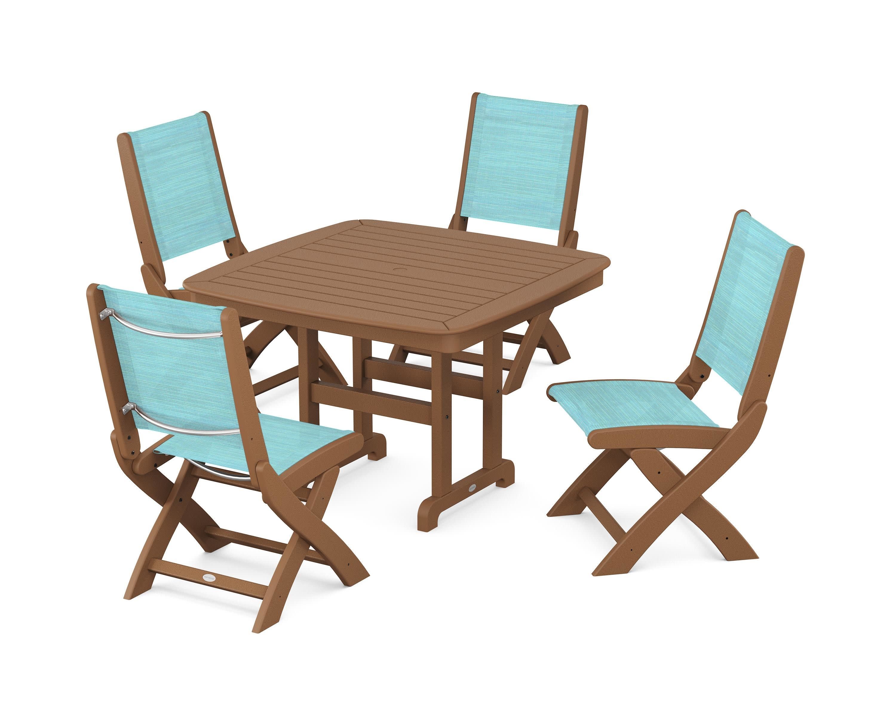 Coastal Folding Side Chair 5-Piece Dining Set in Teak / Dupioni Aquamarine Sling