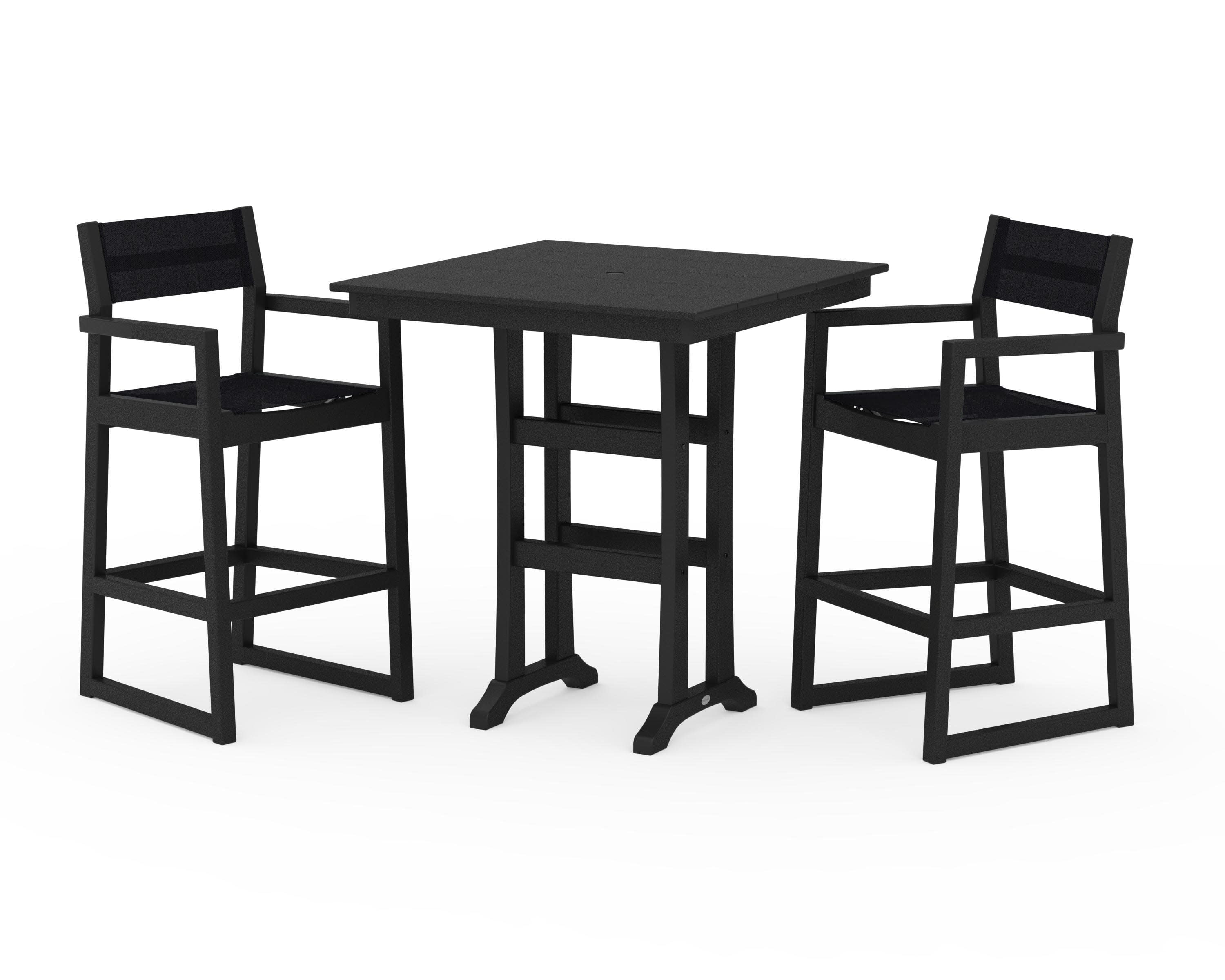 EDGE Sling Arm Chair 3-Piece Farmhouse Bar Set with Trestle Legs in Black / Black Sling