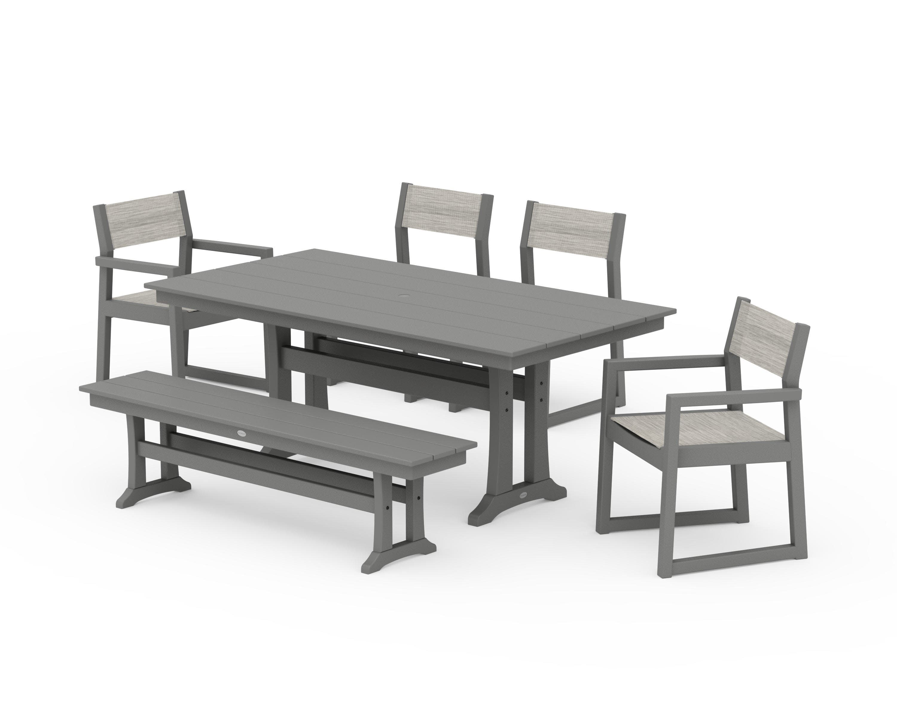 EDGE Sling 6-Piece Farmhouse Dining Set With Trestle Legs in Slate Grey / Birch Sling