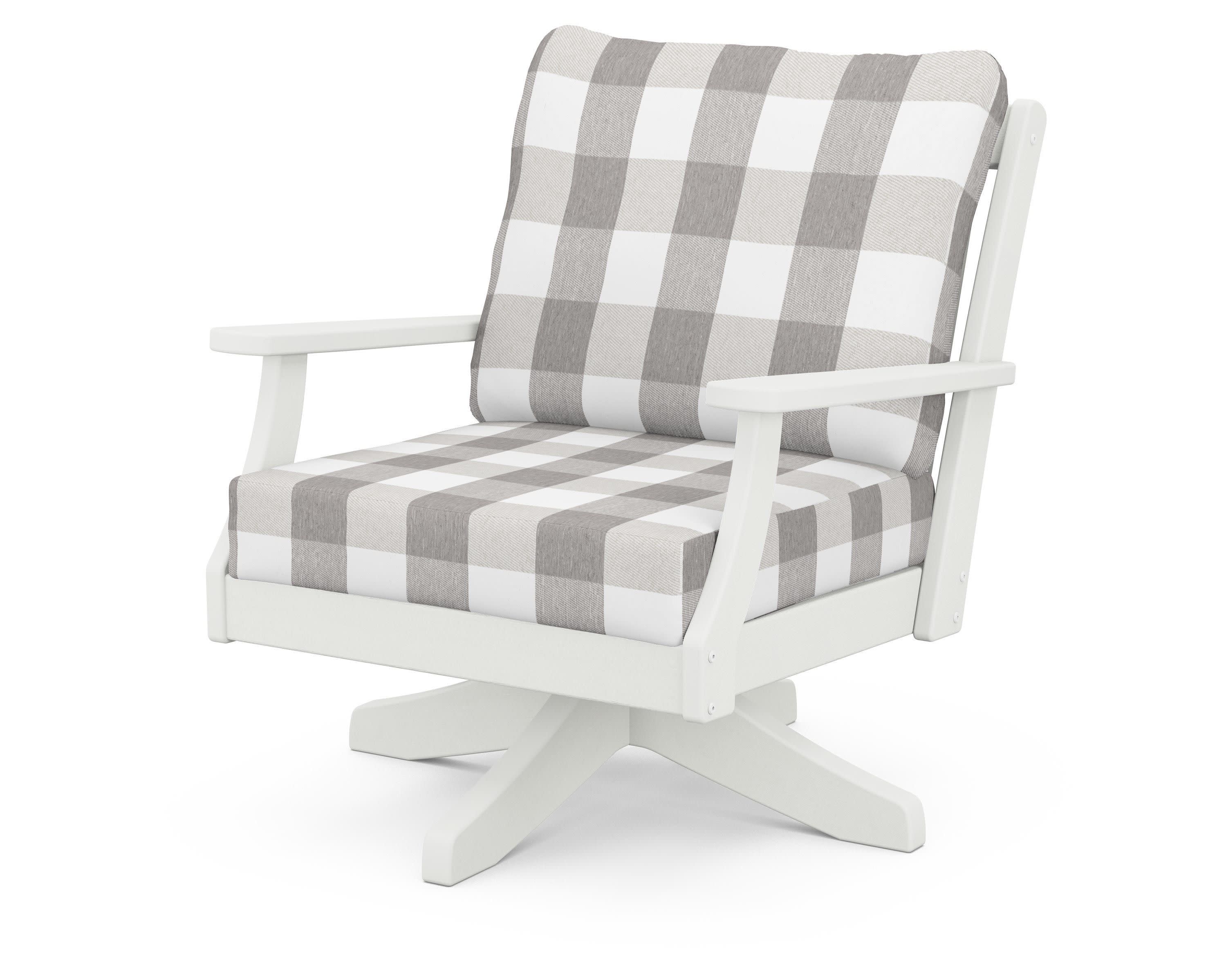 Braxton Deep Seating Swivel Chair in Vintage White / Buffalo Plaid Grey Mist
