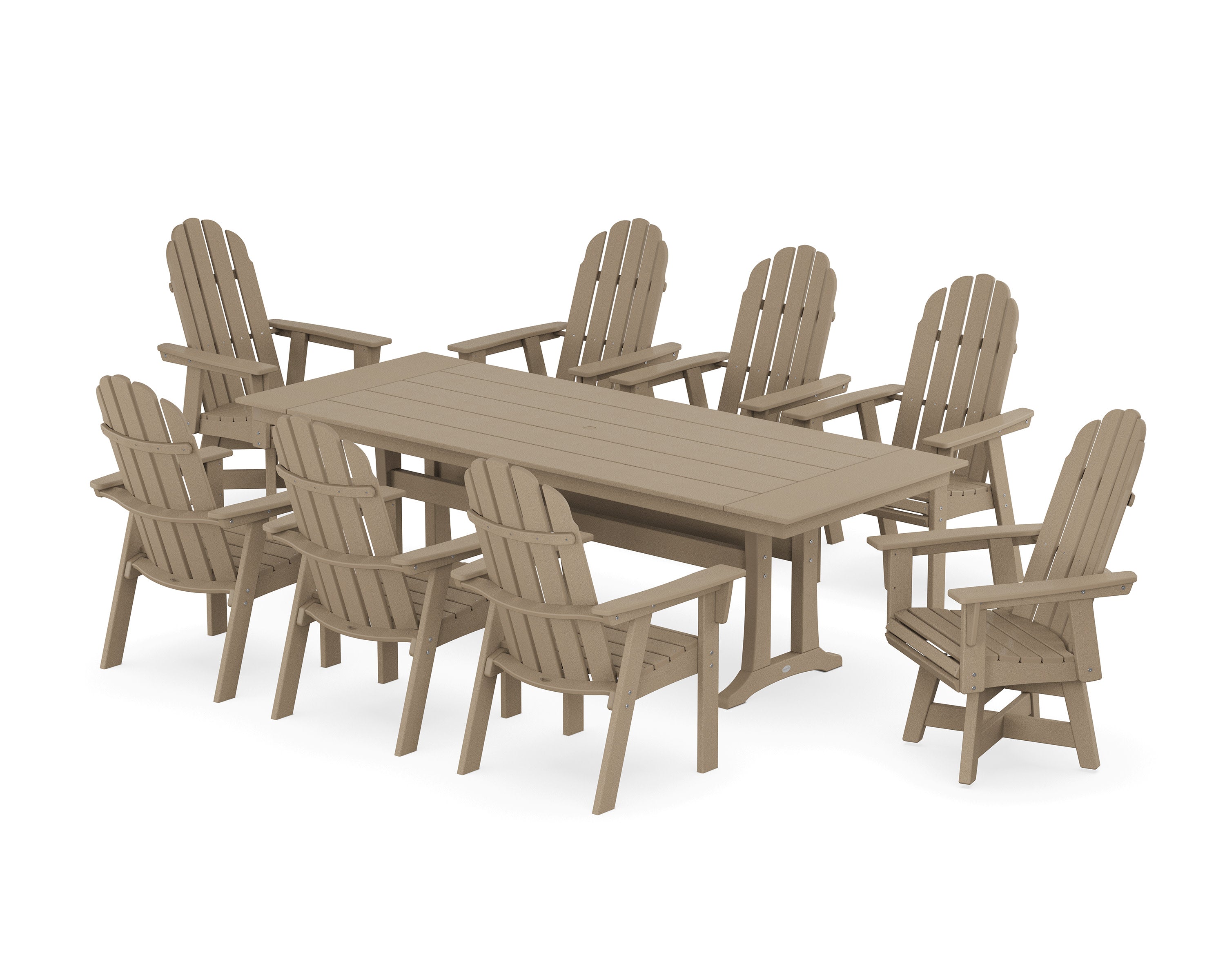 Vineyard 9-Piece Curveback Adirondack Swivel Farmhouse Dining Set with Trestle Legs in Vintage Sahara