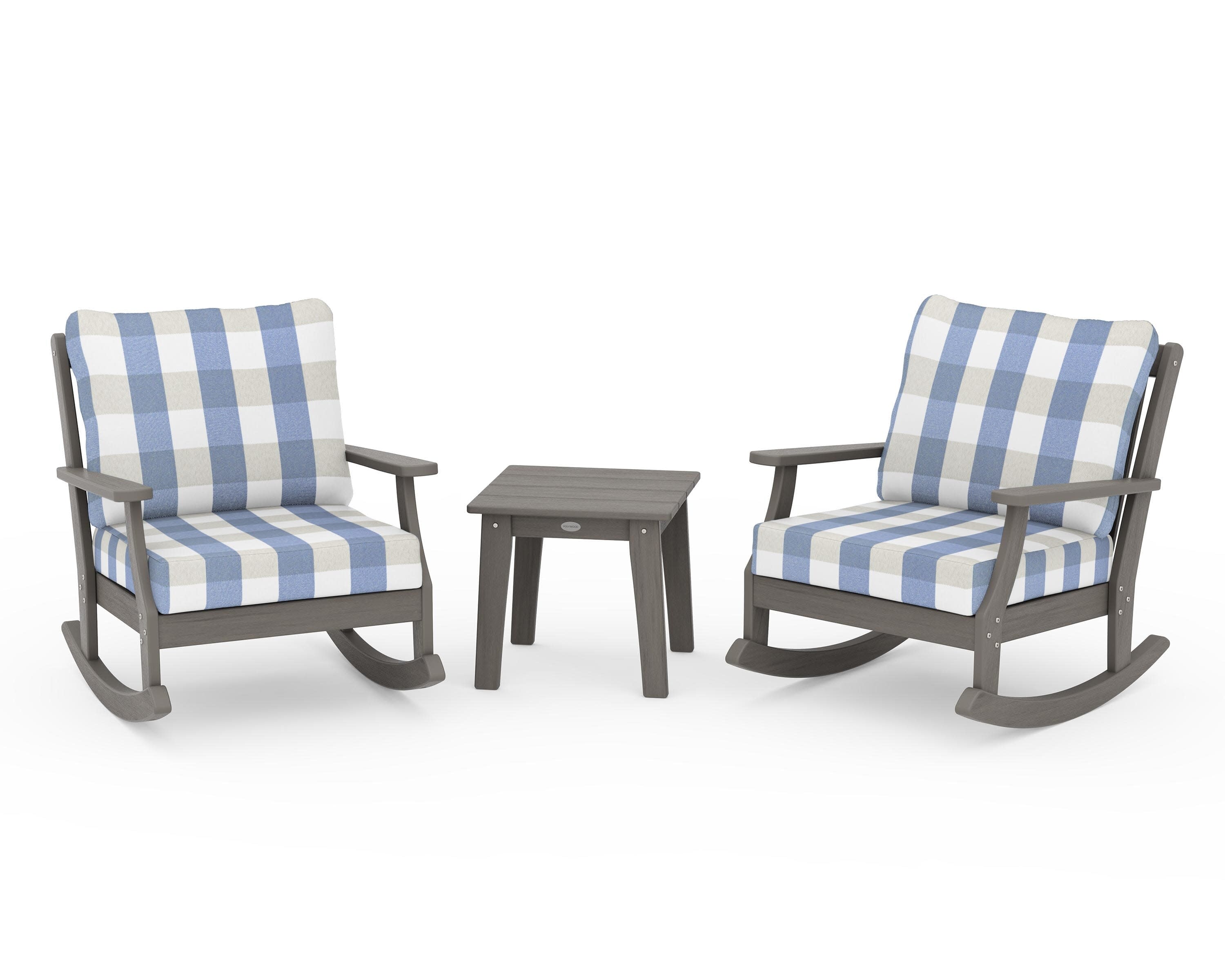 Braxton 3-Piece Deep Seating Rocker Set in Driftwood / Buffalo Plaid Sky Blue