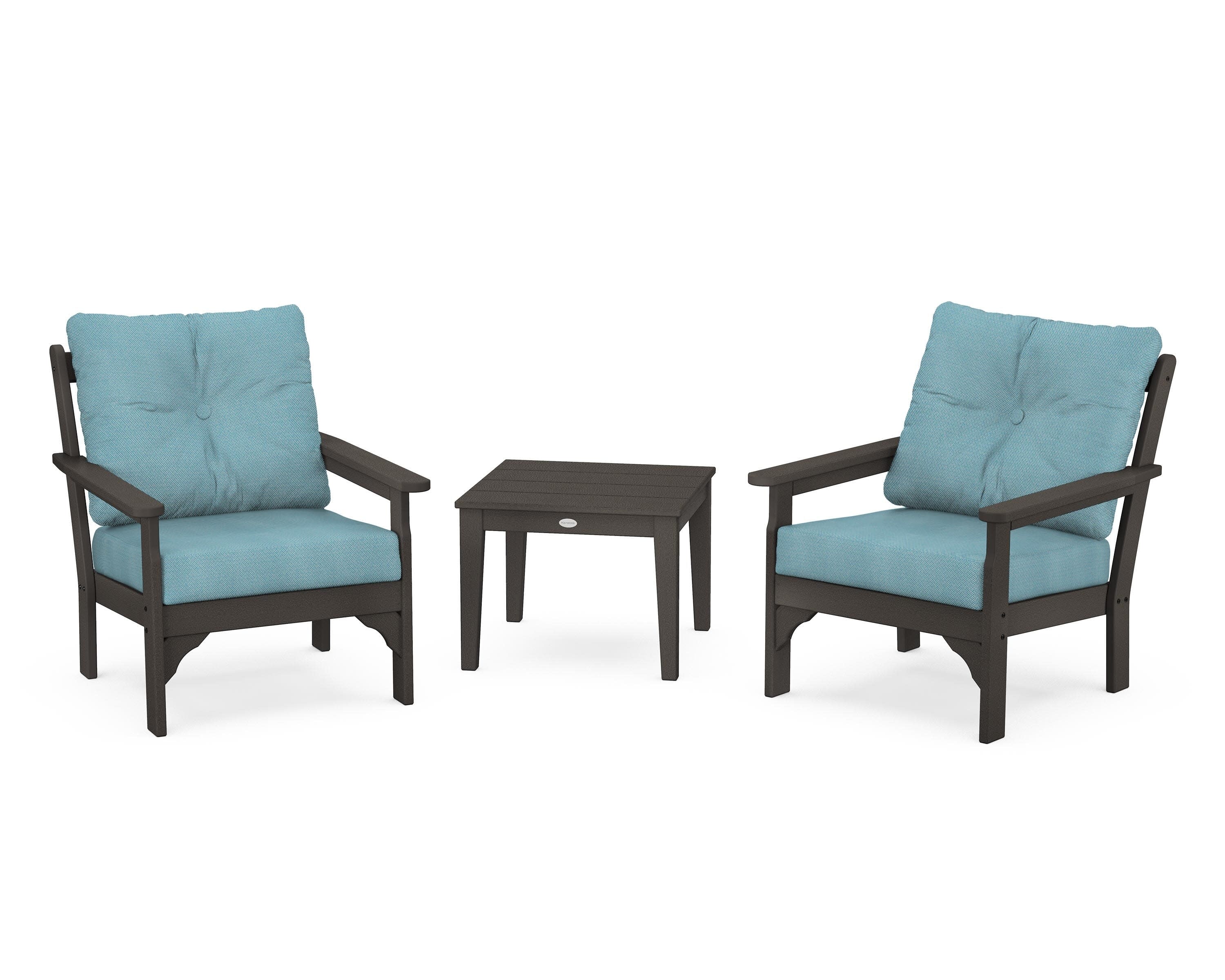 Vineyard 3-Piece Deep Seating Set in Vintage Coffee / Lattice Sky Blue