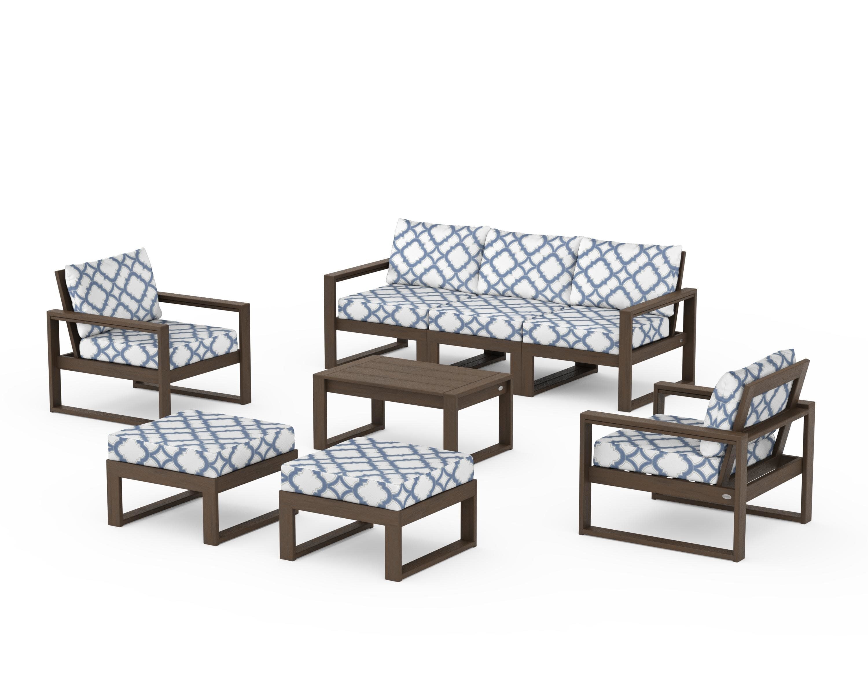 EDGE Sectional 8-Piece Lounge Sofa Set in Kona / Trellis Sky Blue