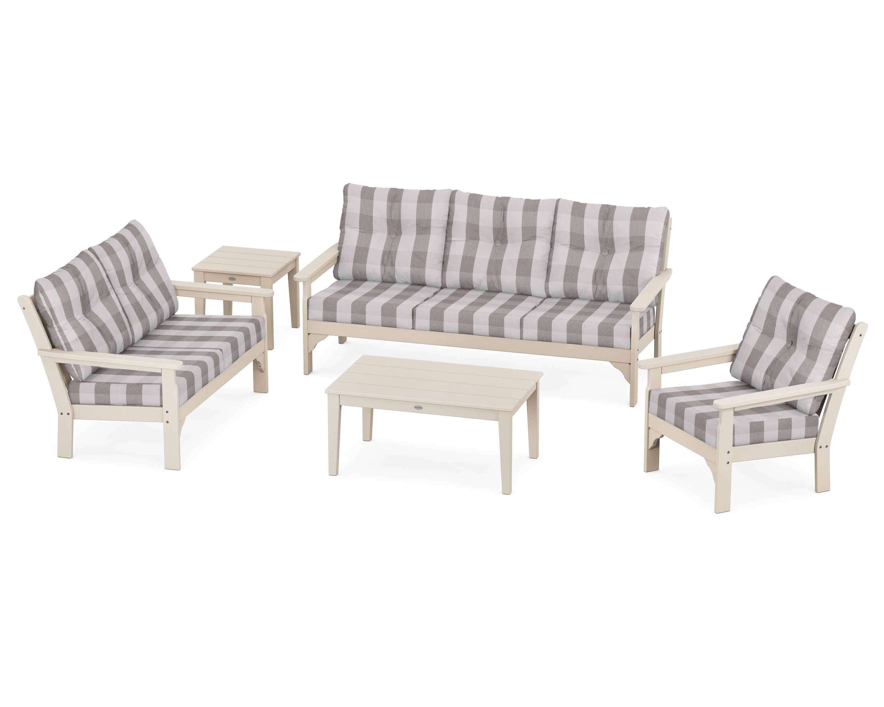 Vineyard 5 Piece Deep Seating Set in Sand / Buffalo Plaid Grey Mist