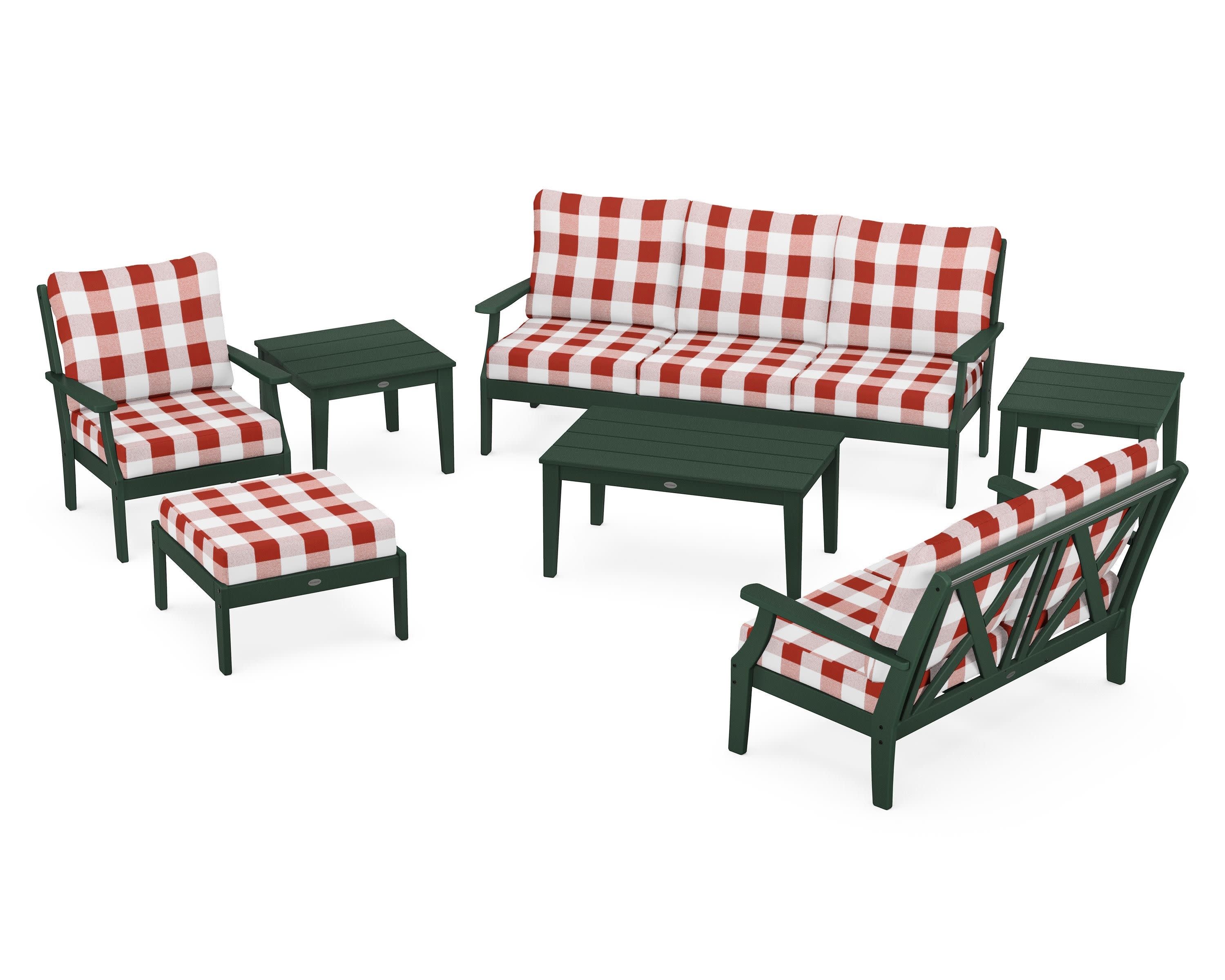 Braxton 7-Piece Deep Seating Set in Green / Buffalo Plaid Crimson