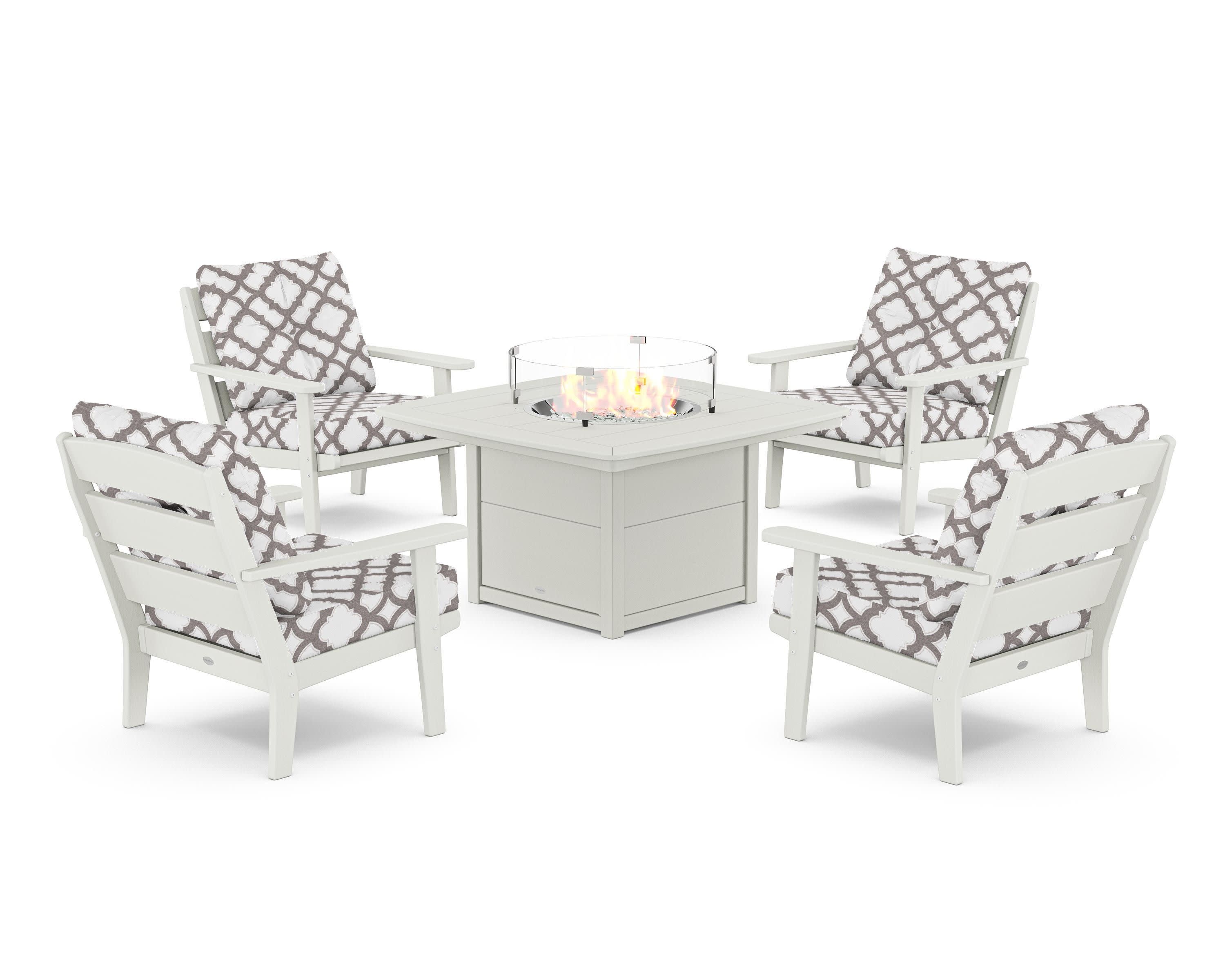 Lakeside 5-Piece Deep Seating Set with Nautical Fire Pit Table in Vintage White / Trellis Grey Mist