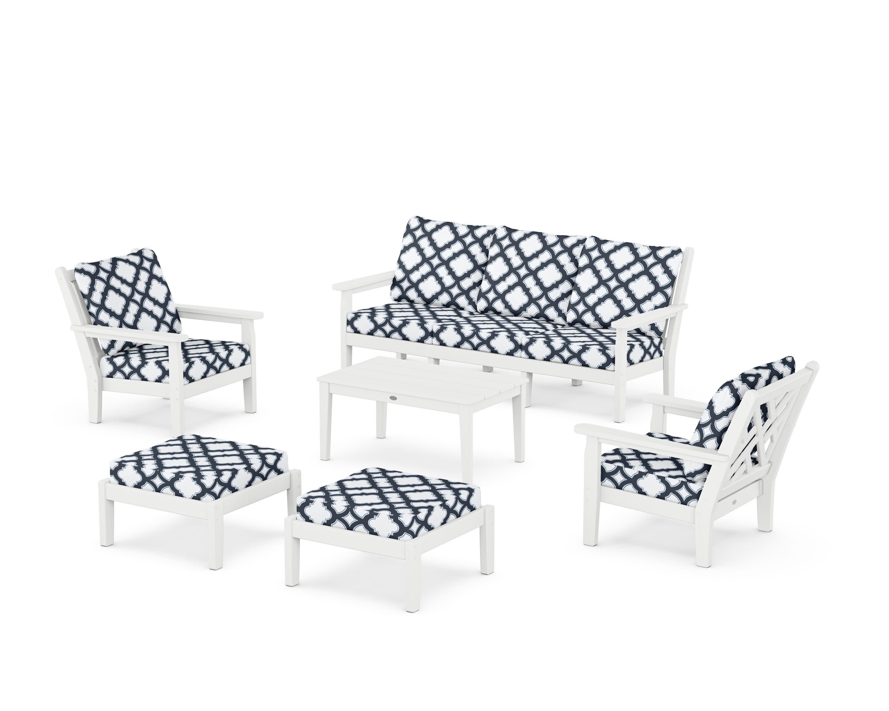 Chippendale 6-Piece Lounge Sofa Set in White / Trellis Marine Indigo