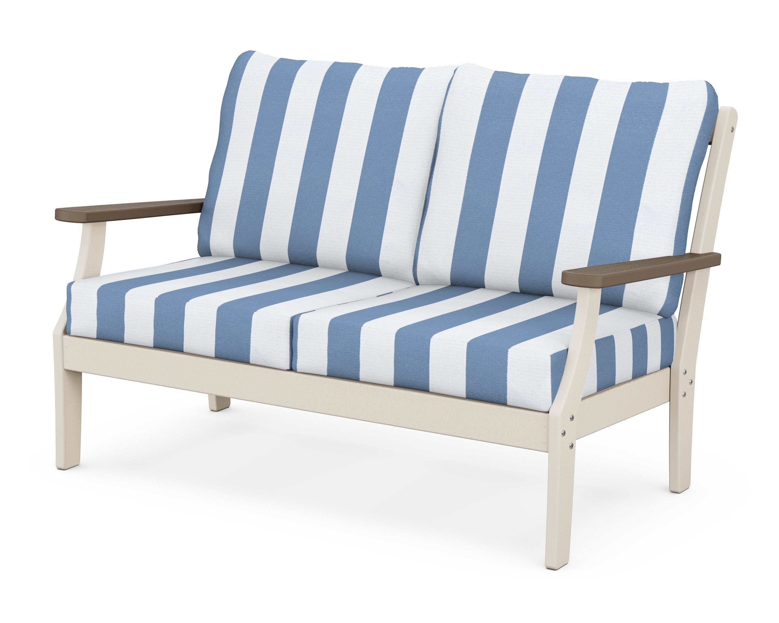 Braxton Deep Seating Loveseat in Sand / Kona / Cabana Stripe Sky Blue
