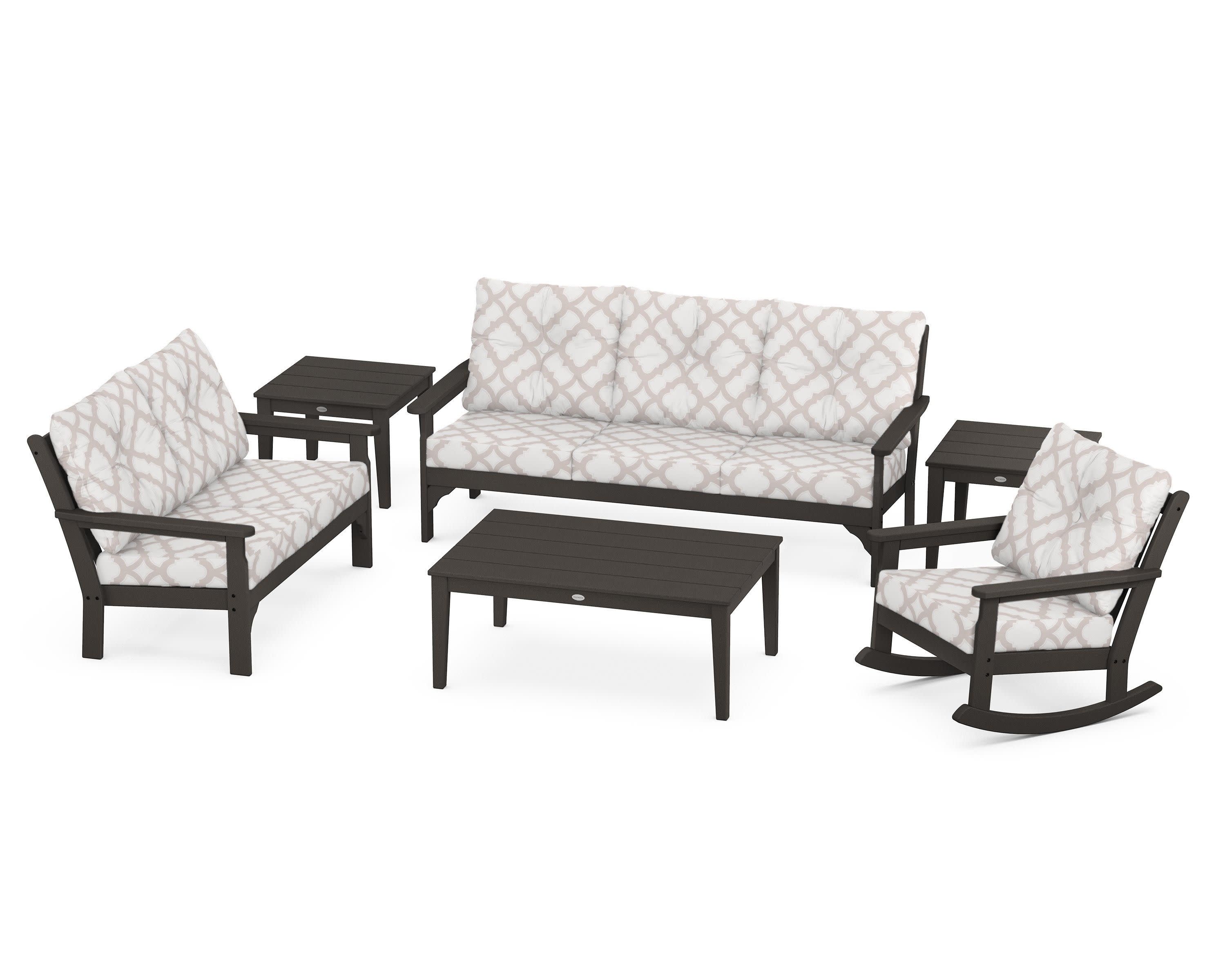 Vineyard 6-Piece Deep Seating Set in Vintage Coffee / Trellis Dune Burlap