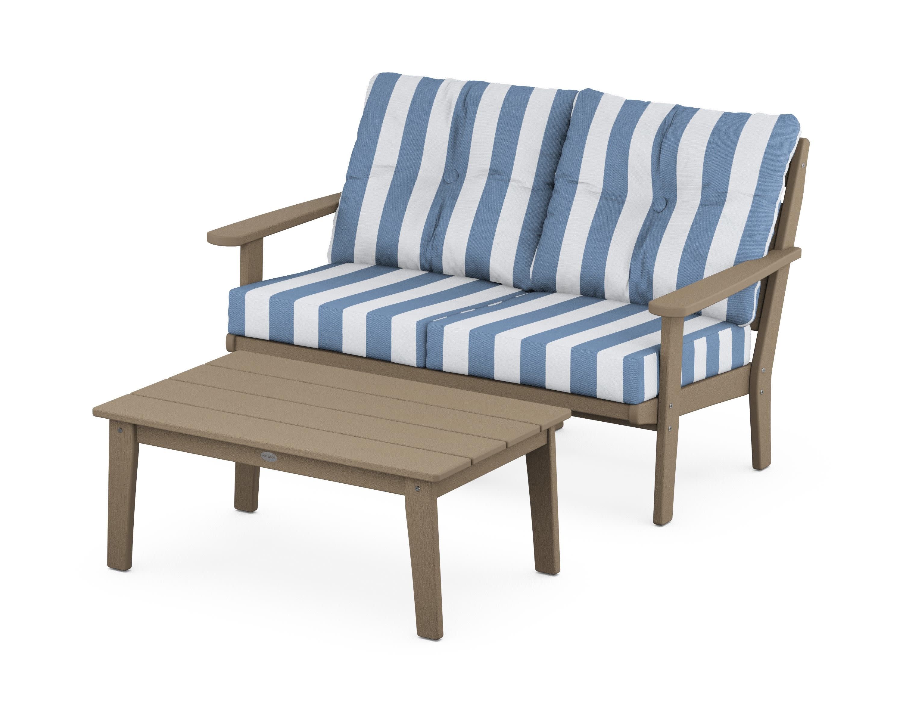Lakeside 2-Piece Lounge Loveseat Set in Vintage Sahara / Cabana Stripe Sky Blue