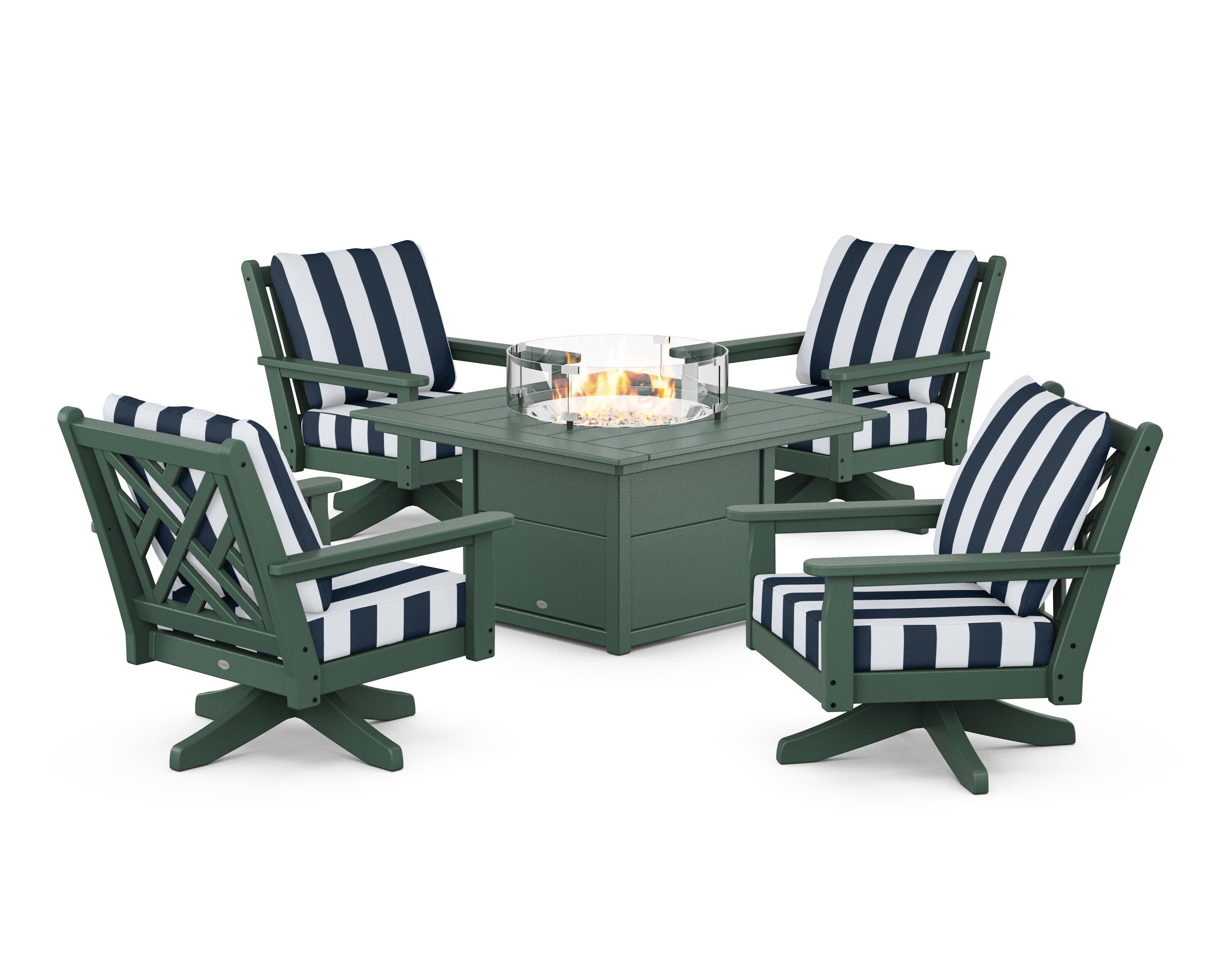 Chippendale 5-Piece Deep Seating Swivel Conversation Set with Fire Pit Table in Green / Cabana Stripe Marine Indigo