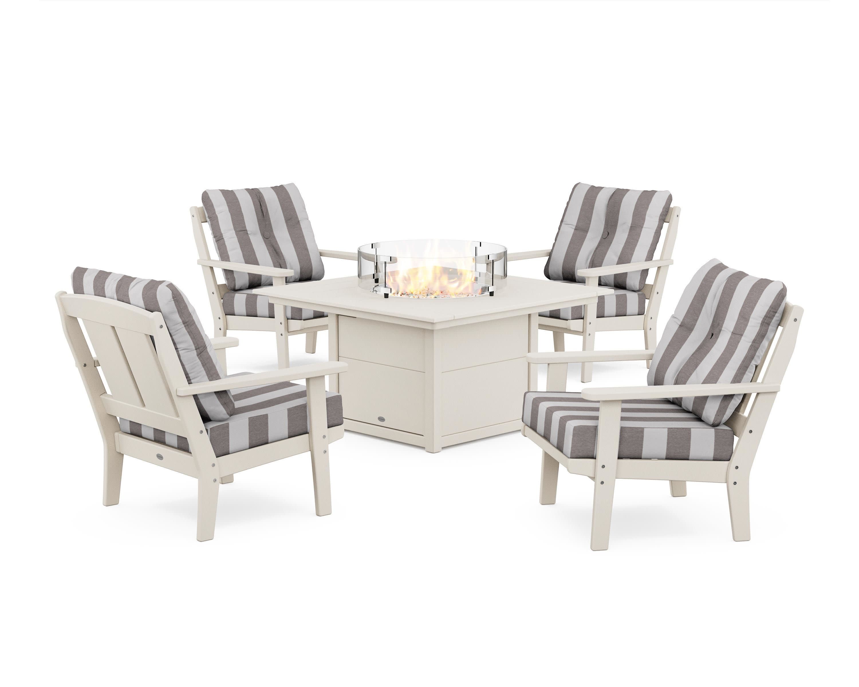 Mission 5-Piece Deep Seating Set with Fire Pit Table in Sand / Cabana Stripe Grey Mist
