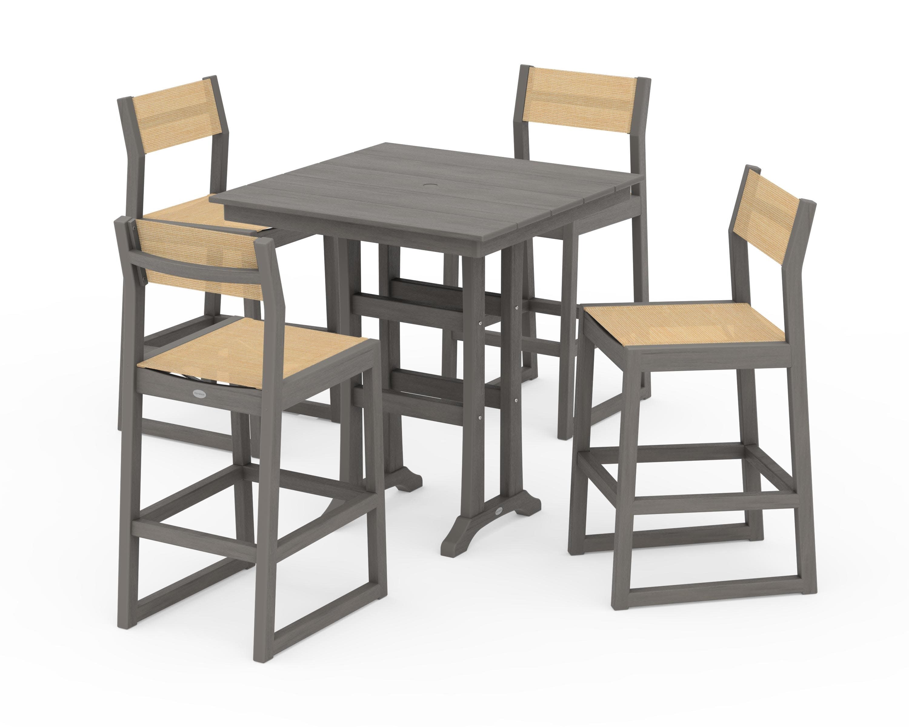 EDGE Sling Arm Chair 5-Piece Farmhouse Bar Set with Trestle Legs in Driftwood / Dupioni Apricot Sling