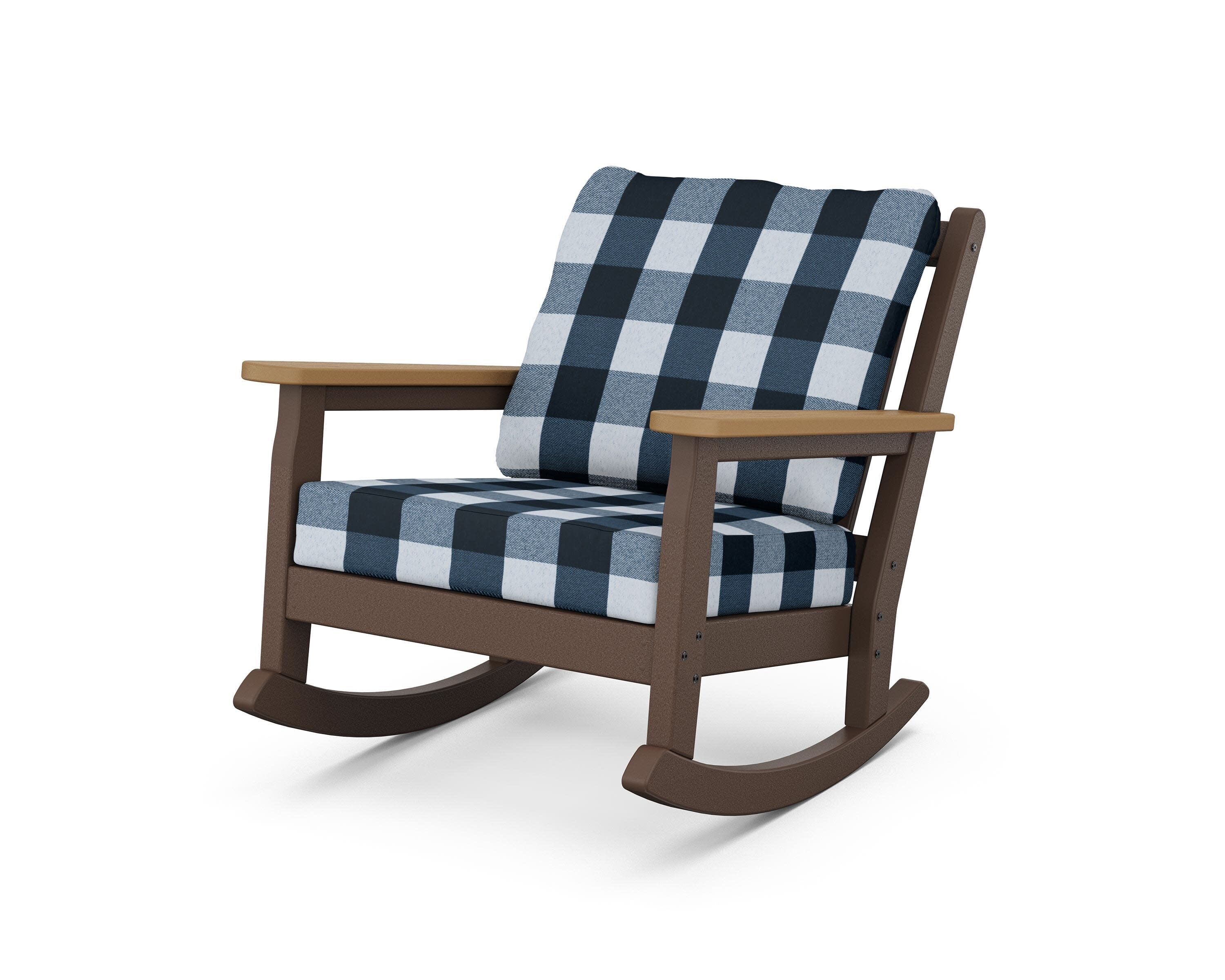 Chippendale Deep Seating Rocking Chair in Mahogany / Natural / Buffalo Plaid Marine Indigo
