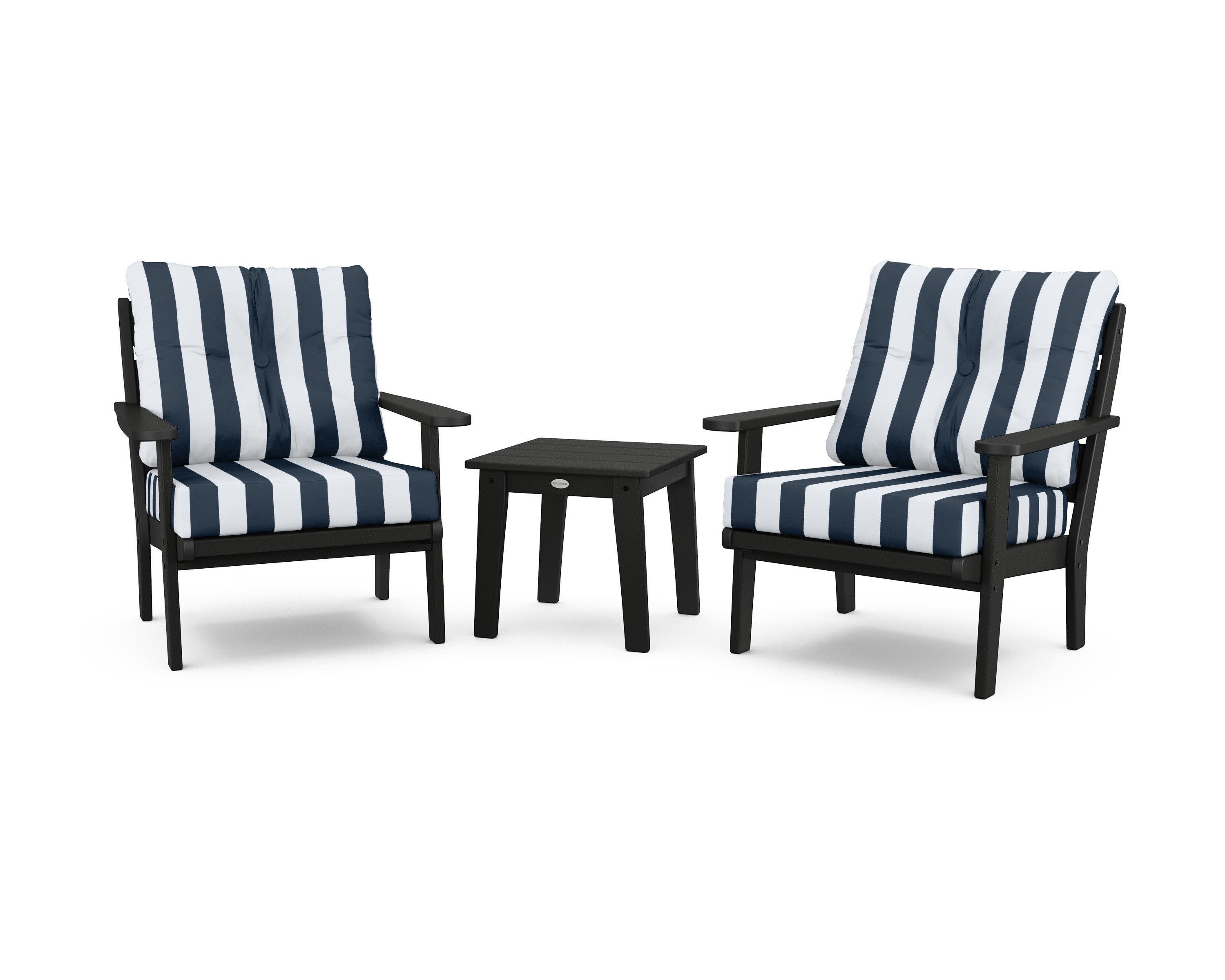Lakeside 3-Piece Deep Seating Chair Set in Black / Cabana Stripe Marine Indigo