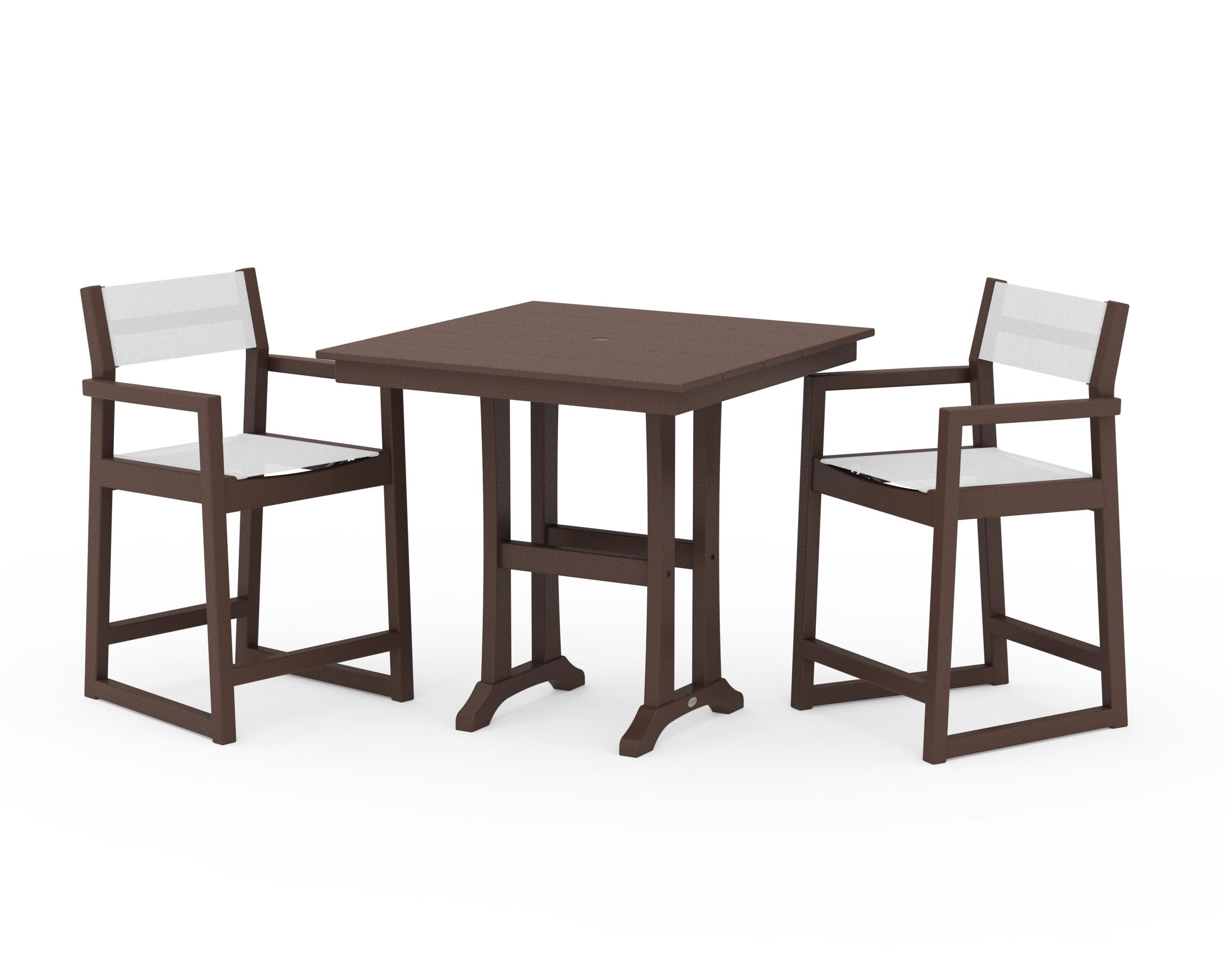 EDGE Sling Arm Chair 3-Piece Farmhouse Counter Set with Trestle Legs in Mahogany / White Sling