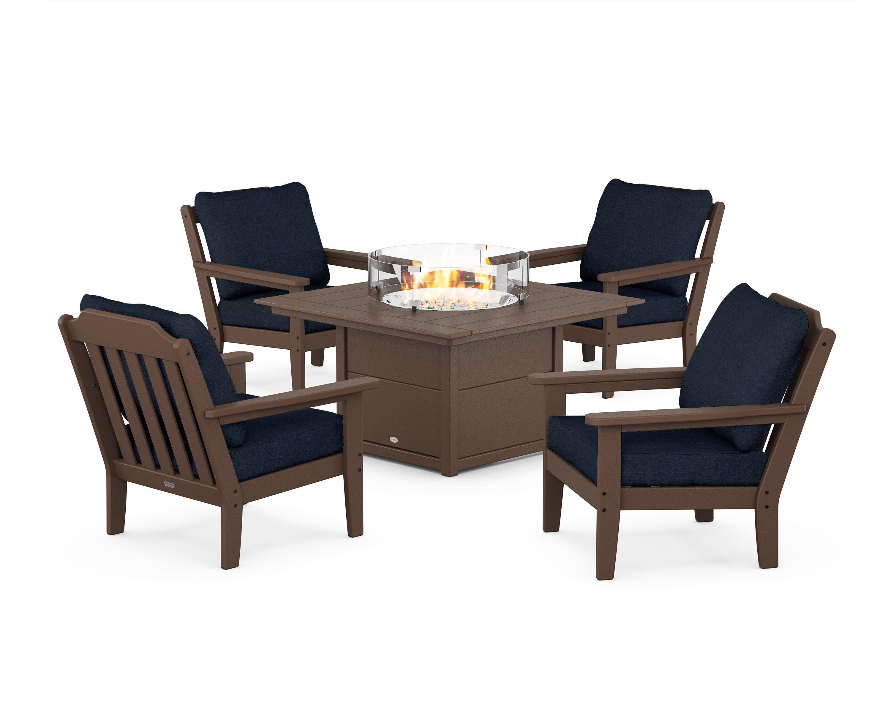 Cottage 5-Piece Deep Seating Set with Fire Pit Table in Mahogany / Marine Indigo