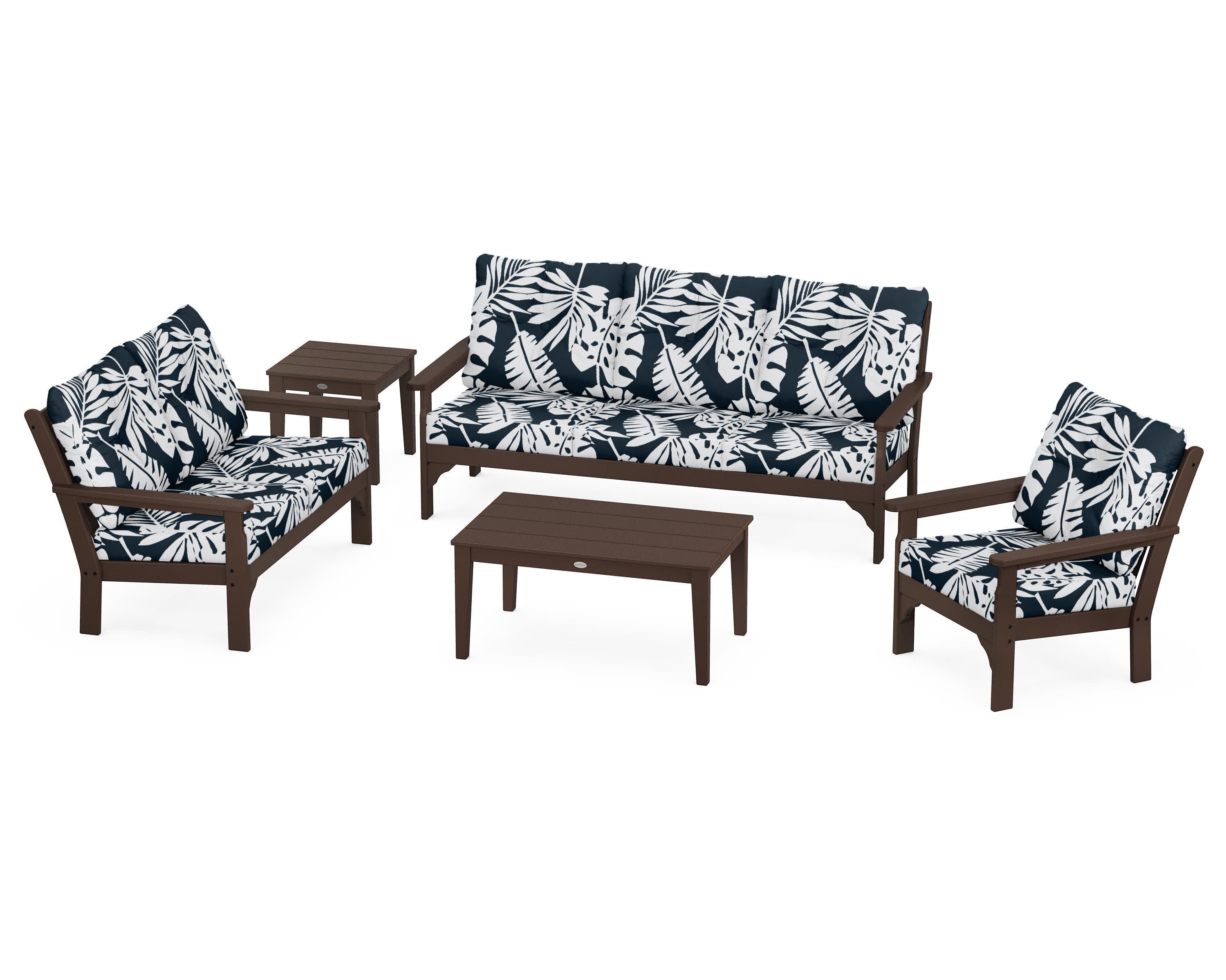 Vineyard 5 Piece Deep Seating Set in Mahogany / Leaf Marine Indigo