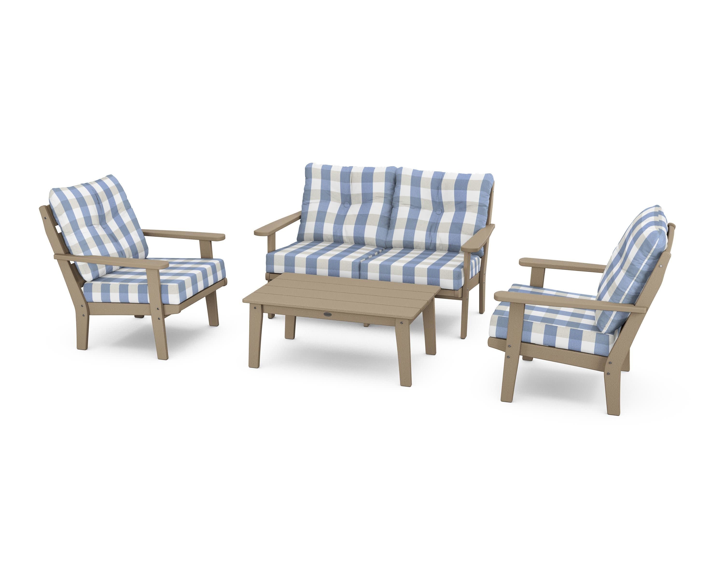 Lakeside 4-Piece Deep Seating Set in Vintage Sahara / Buffalo Plaid Sky Blue