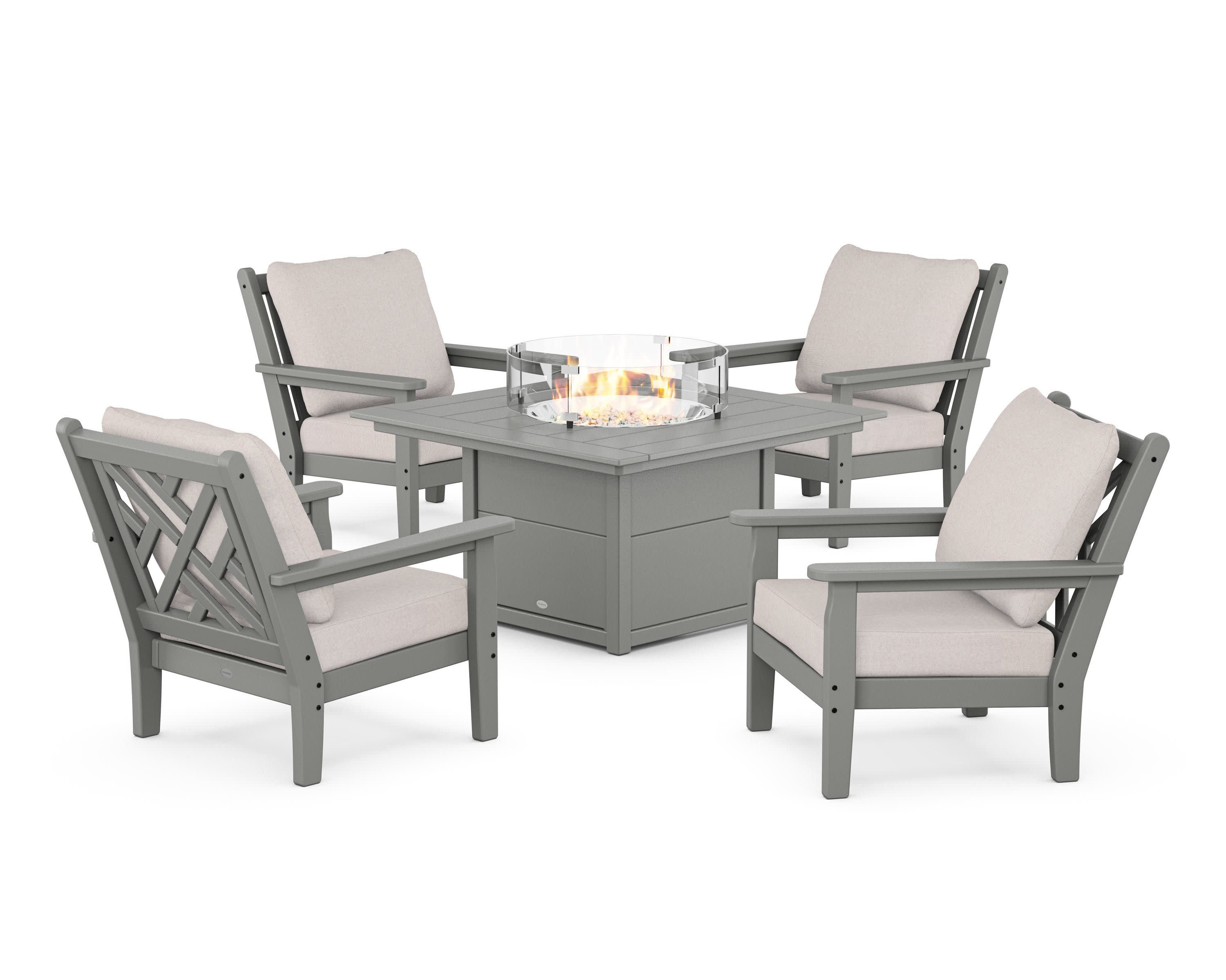 Chippendale 5-Piece Deep Seating Set with Fire Pit Table in Slate Grey / Dune Burlap