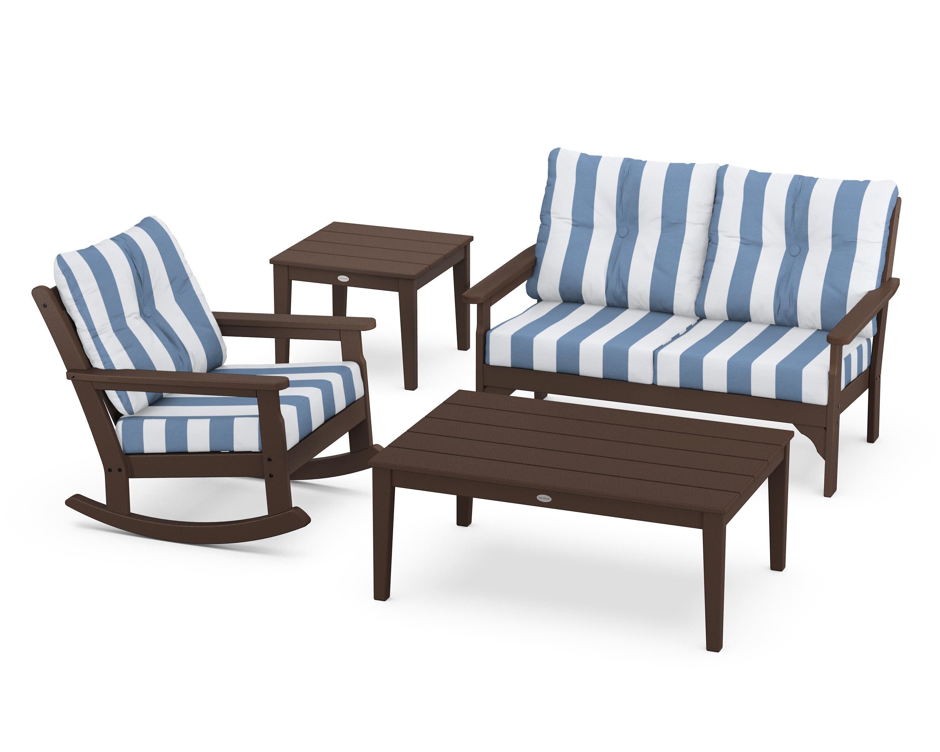 Vineyard 4-Piece Deep Seating Rocker Set in Mahogany / Cabana Stripe Sky Blue