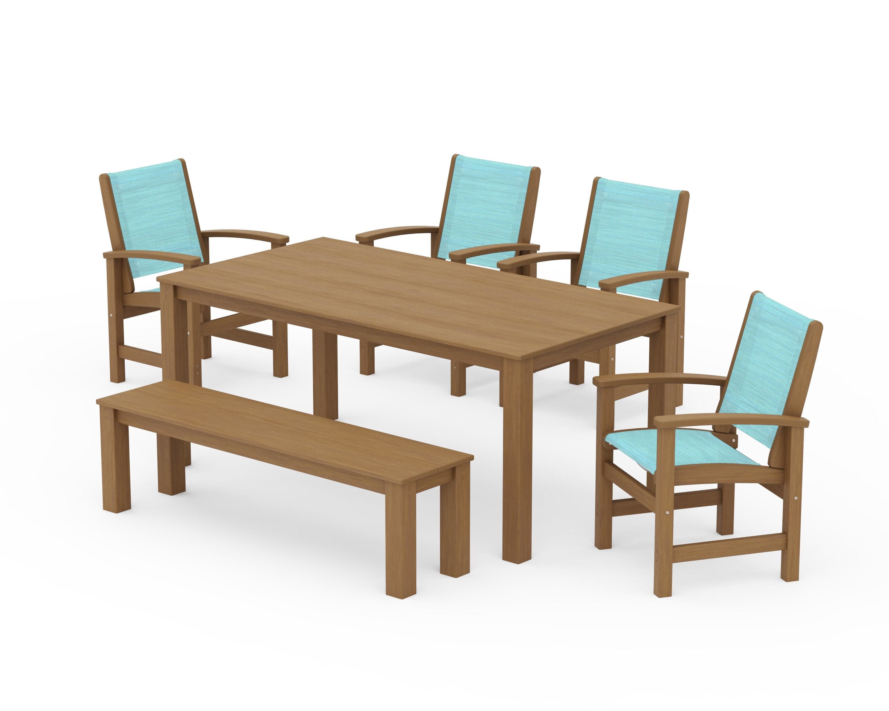 Coastal 6-Piece Parsons Dining Set with Bench in Natural / Dupioni Aquamarine Sling