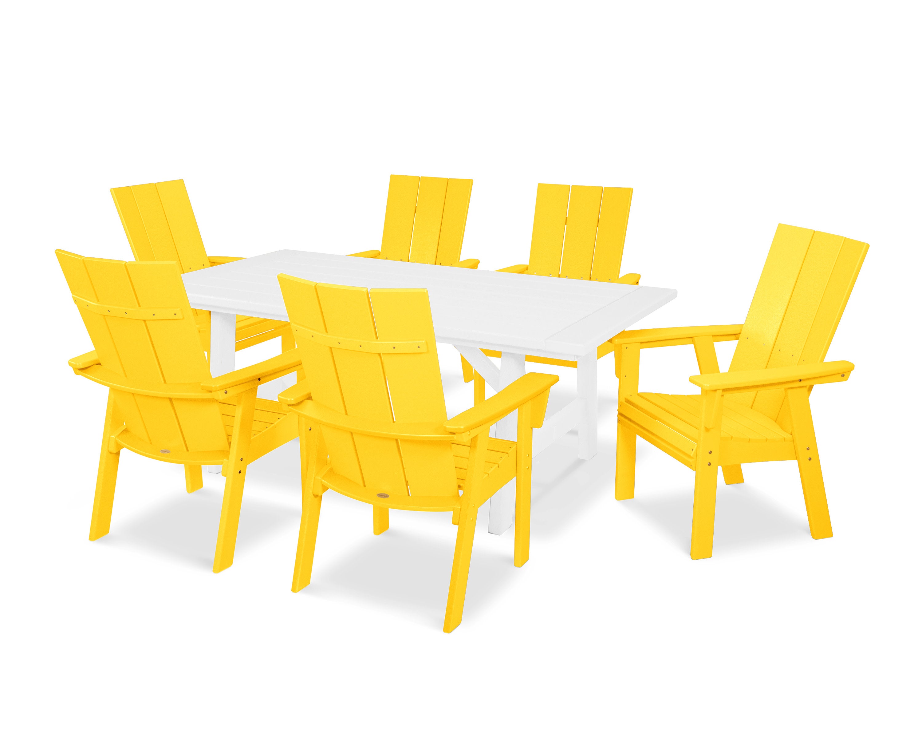 Modern Curveback Adirondack 7-Piece Rustic Farmhouse Dining Set in Lemon / White