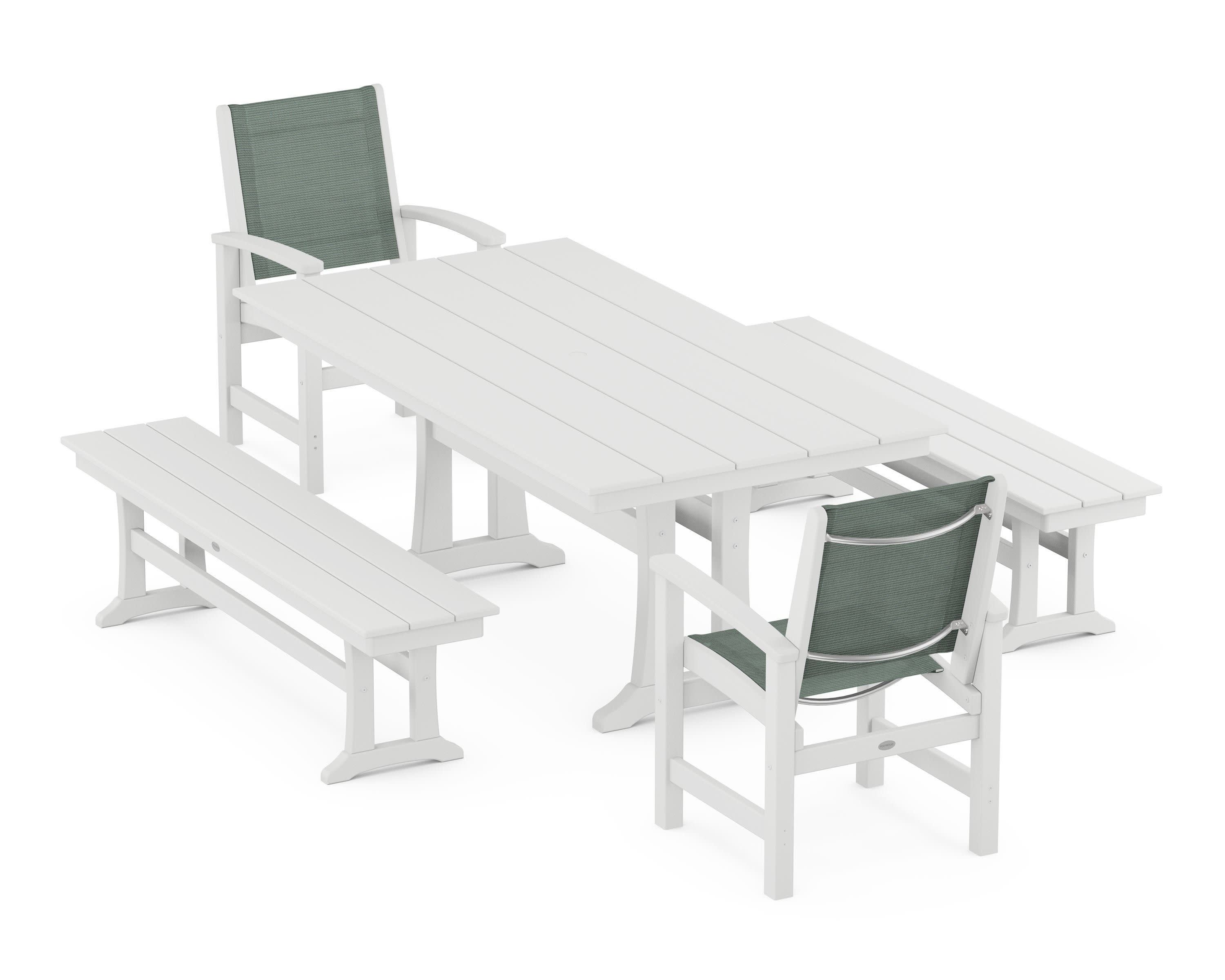 Coastal 5-Piece Farmhouse Dining Set with Trestle Legs and Benches in White / Dupioni Sea Mist Sling
