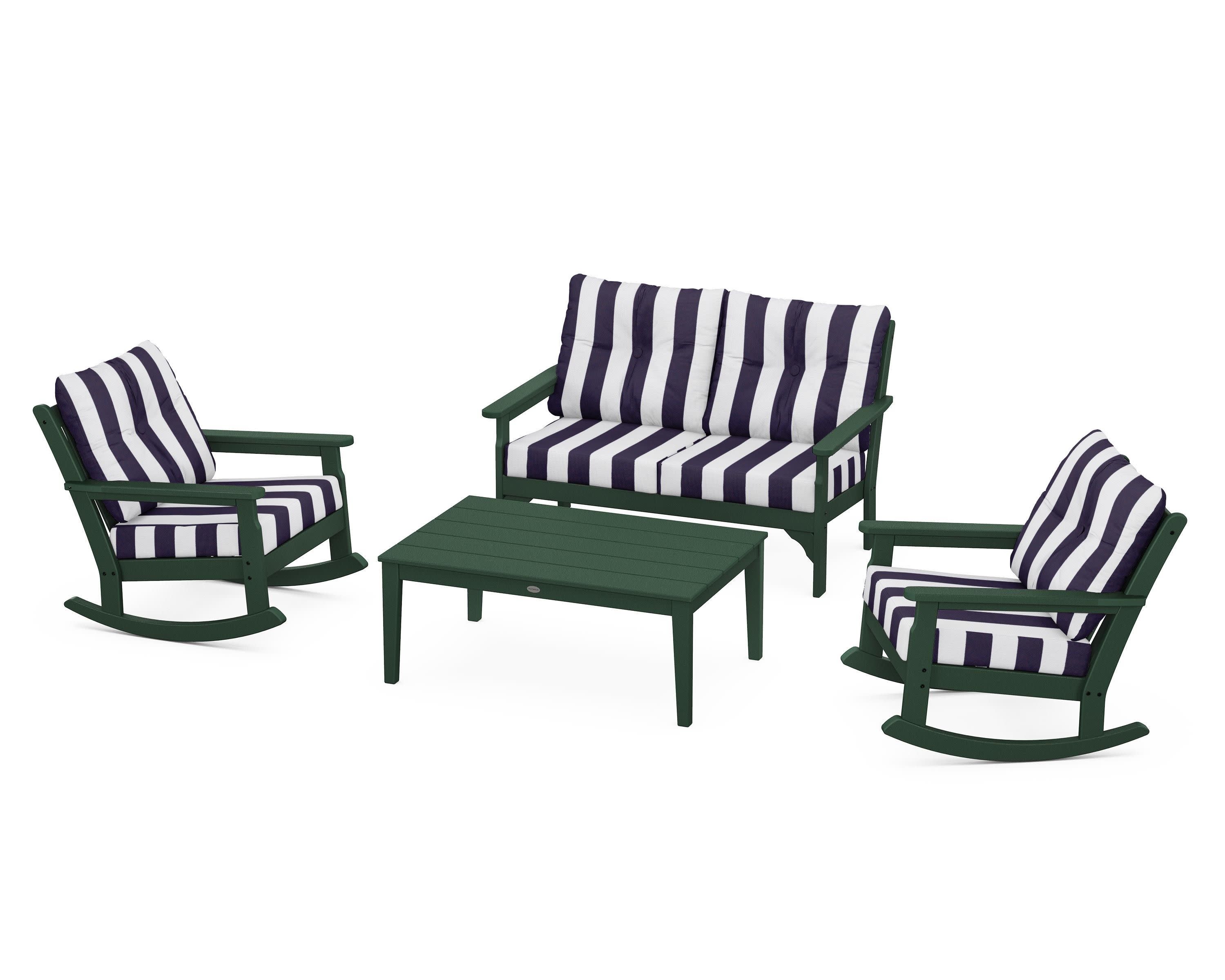 Vineyard 4-Piece Deep Seating Rocking Chair Set in Green / Cabana Stripe Navy