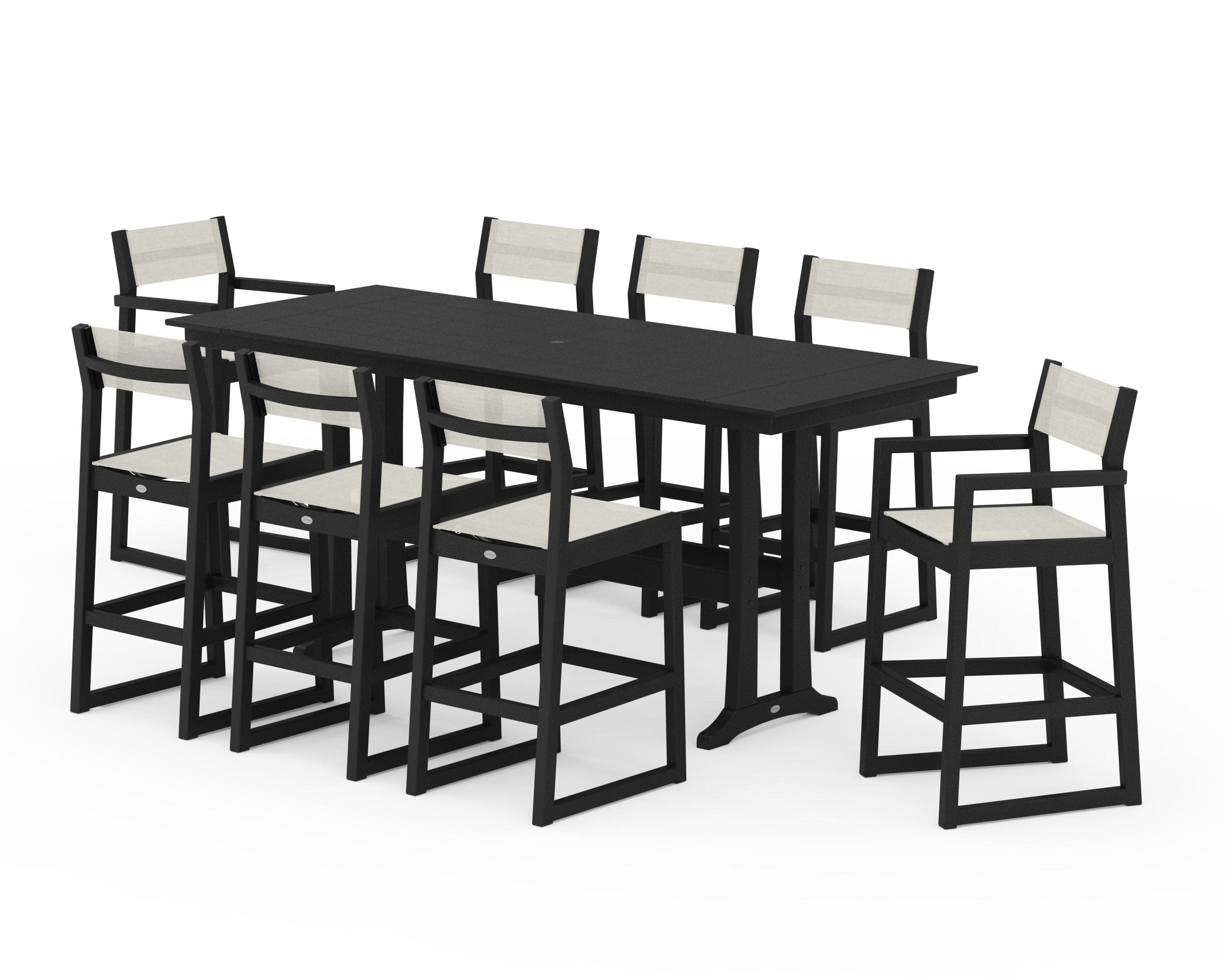 EDGE Sling 9-Piece Farmhouse Bar Set with Trestle Legs in Black / Parchment Sling