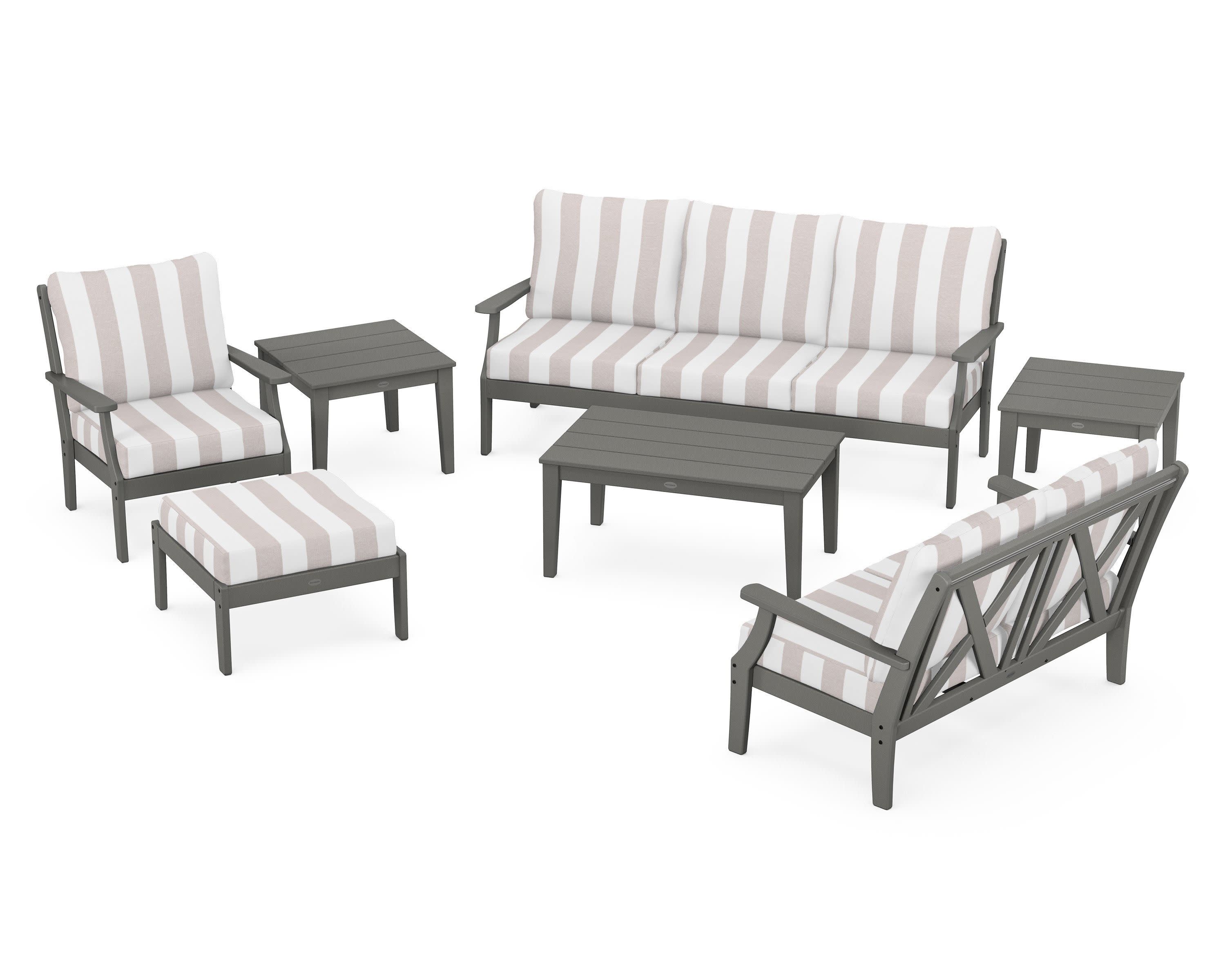 Braxton 7-Piece Deep Seating Set in Slate Grey / Cabana Stripe Dune Burlap