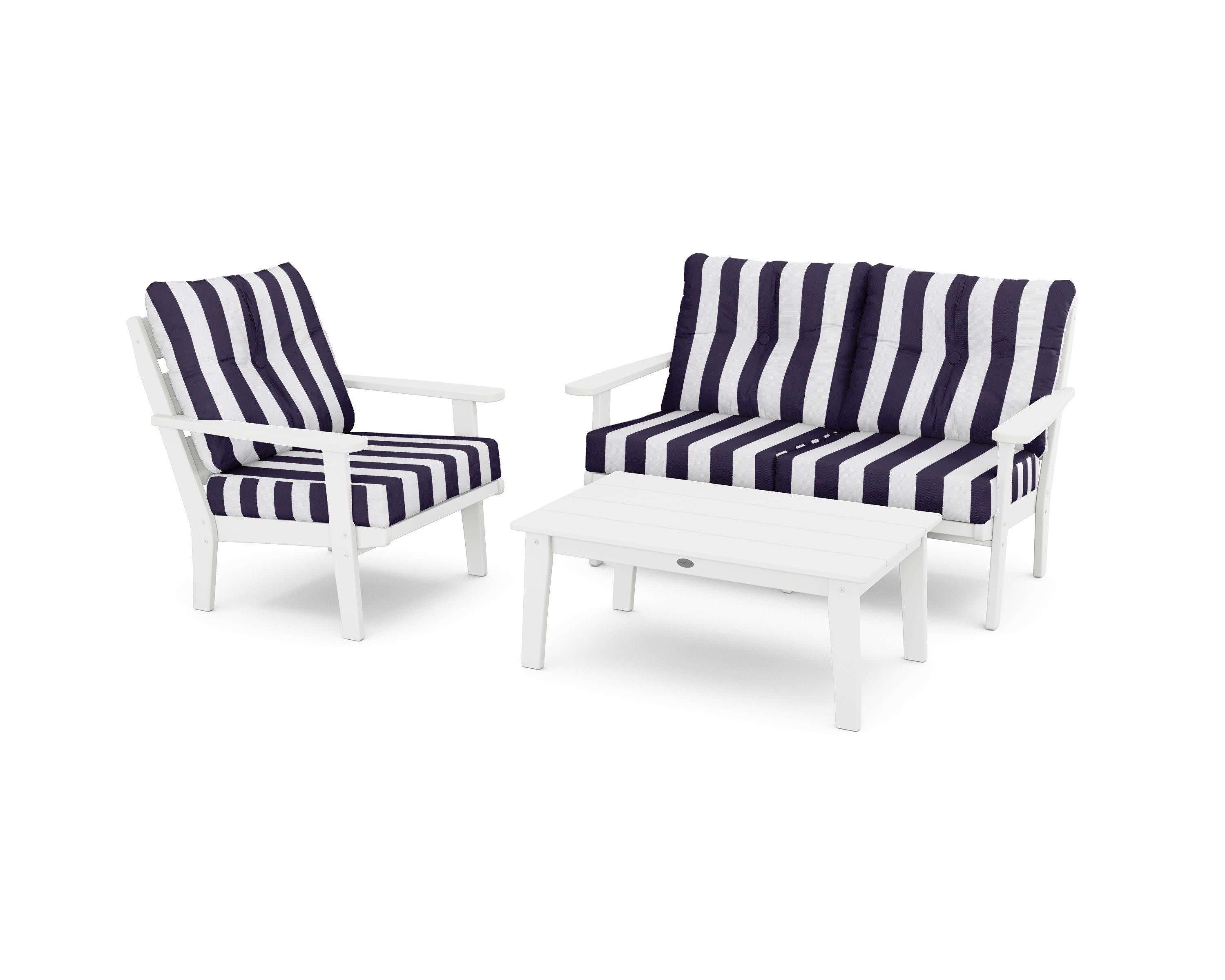 Lakeside 3-Piece Deep Seating Set in White / Cabana Stripe Navy