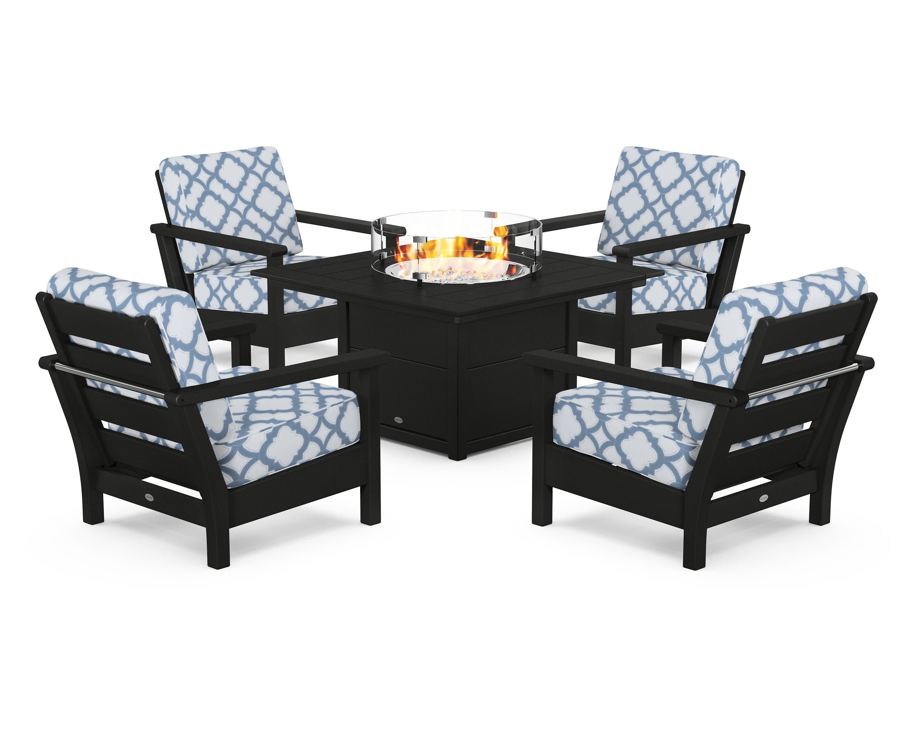 Harbour 5-Piece Conversation Set with Fire Pit Table in Black / Trellis Sky Blue
