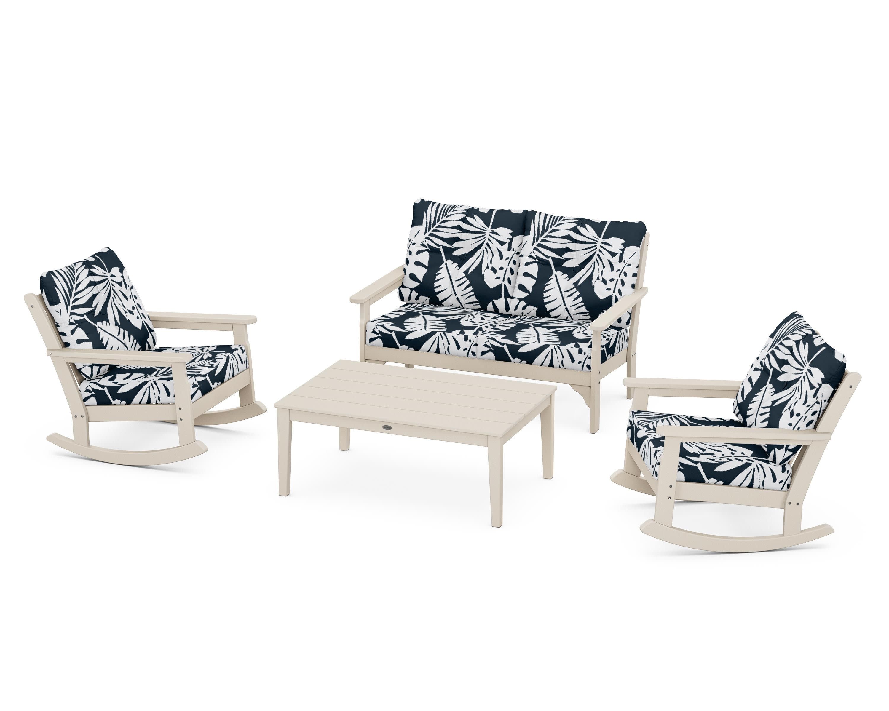 Vineyard 4-Piece Deep Seating Rocking Chair Set in Sand / Leaf Marine Indigo