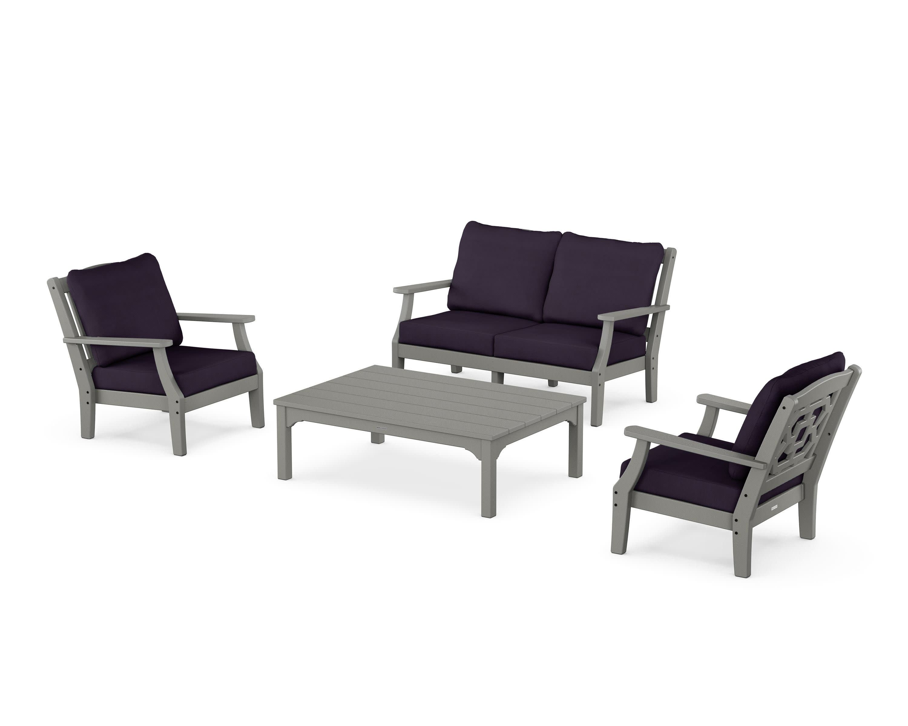 Chinoiserie 4-Piece Deep Seating Set with Loveseat in Slate Grey / Navy Linen