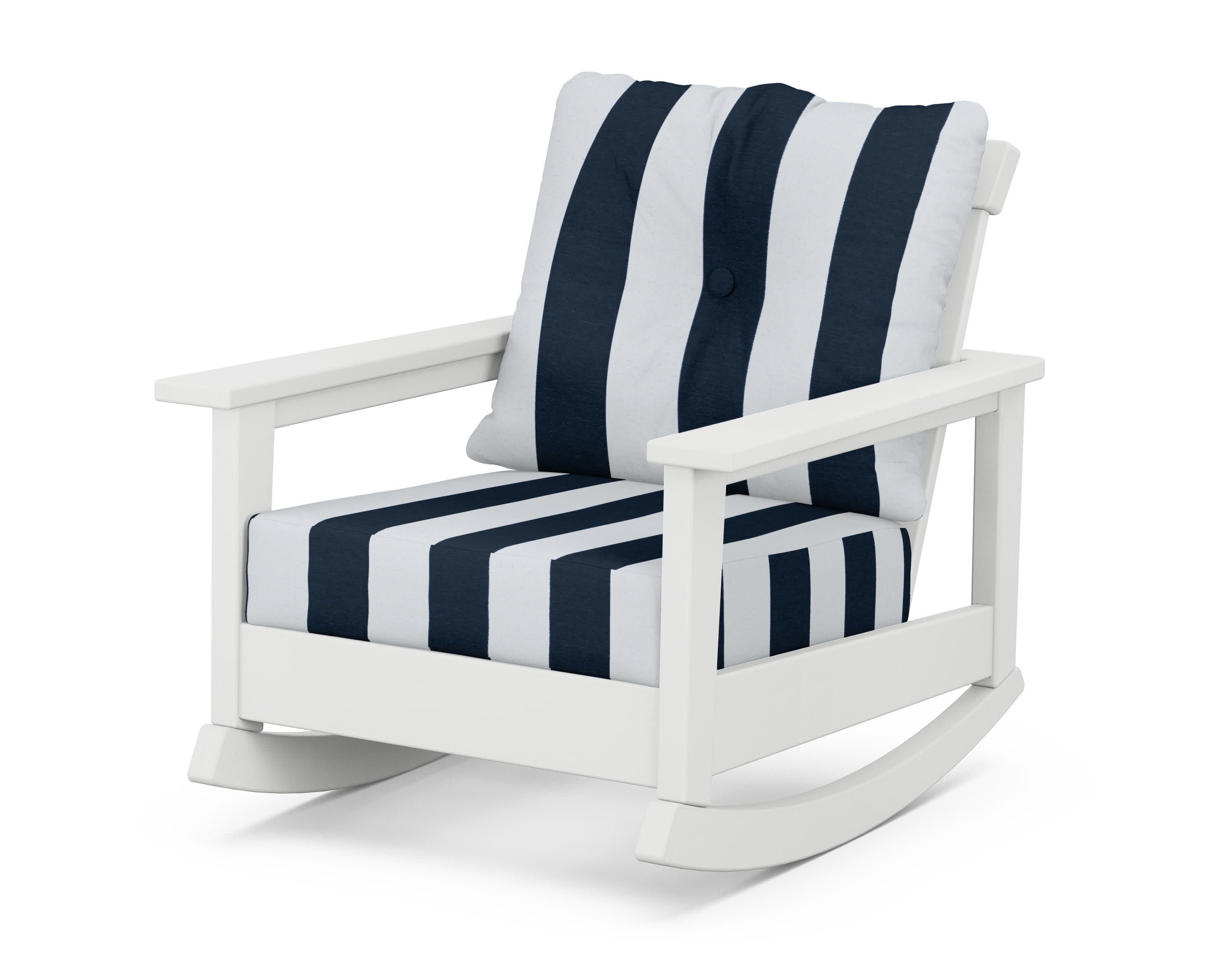 Prescott Deep Seating Rocking Chair in White / Cabana Stripe Marine Indigo
