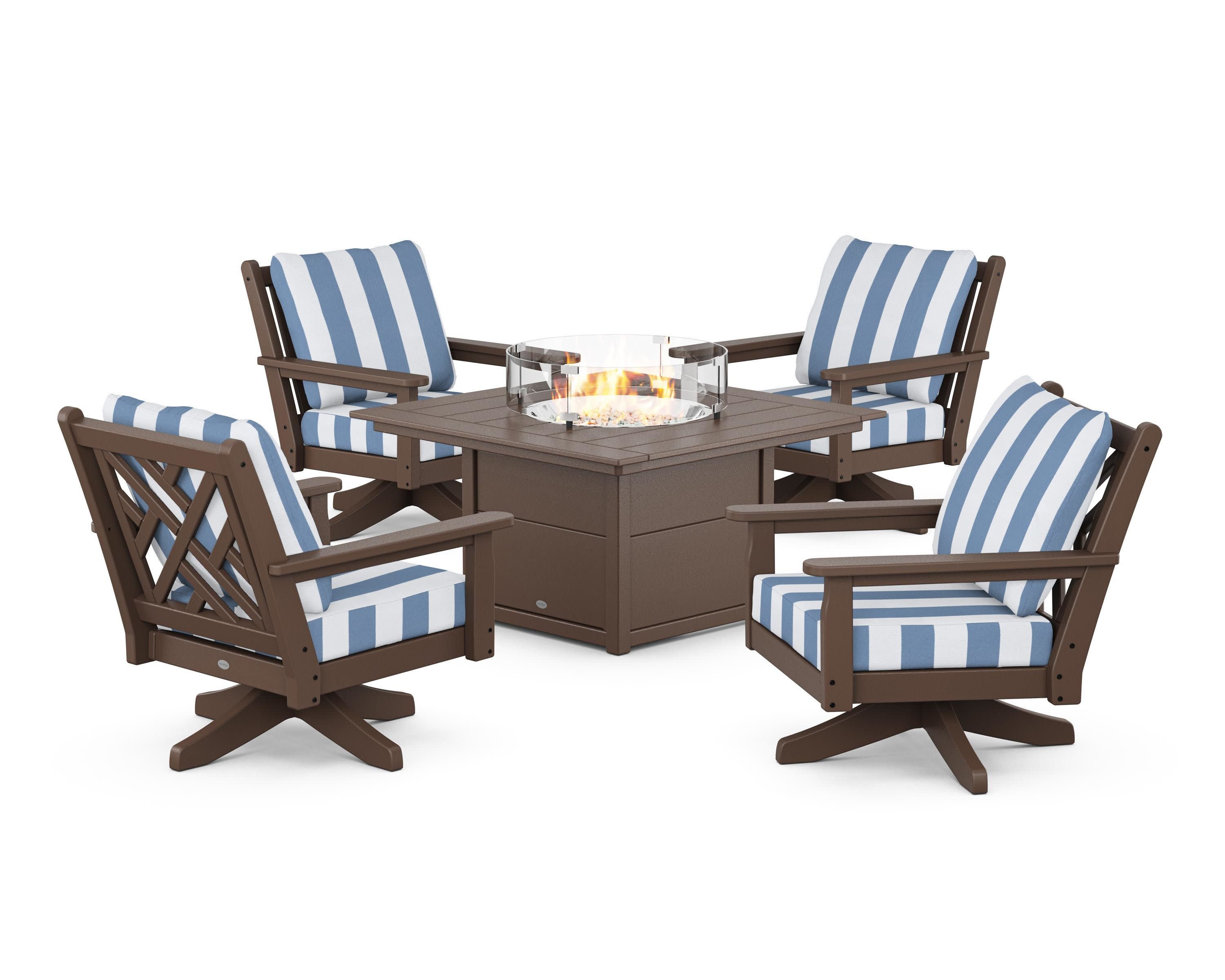 Chippendale 5-Piece Deep Seating Swivel Conversation Set with Fire Pit Table in Mahogany / Cabana Stripe Sky Blue