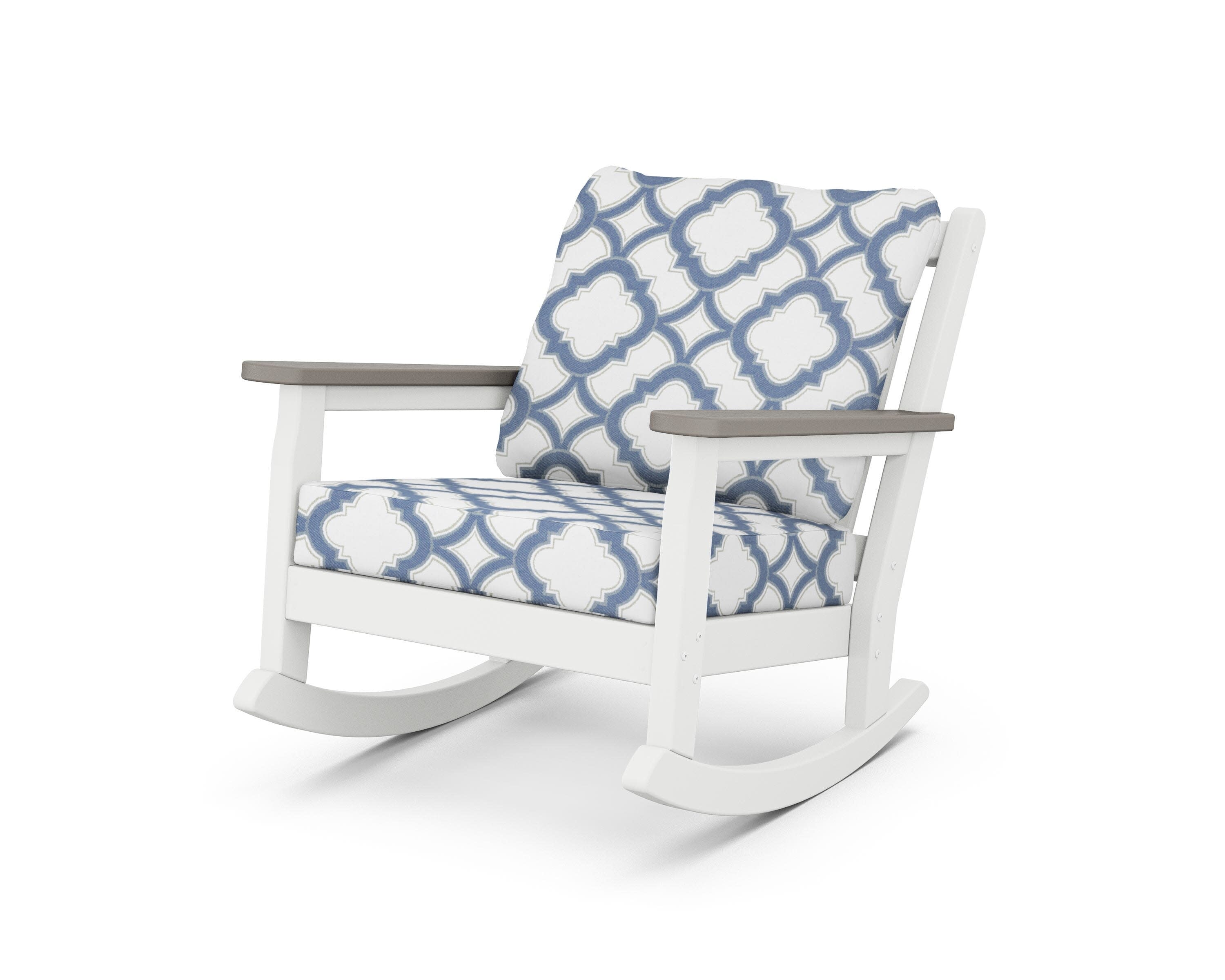 Chippendale Deep Seating Rocking Chair in White / Driftwood / Trellis Sky Blue