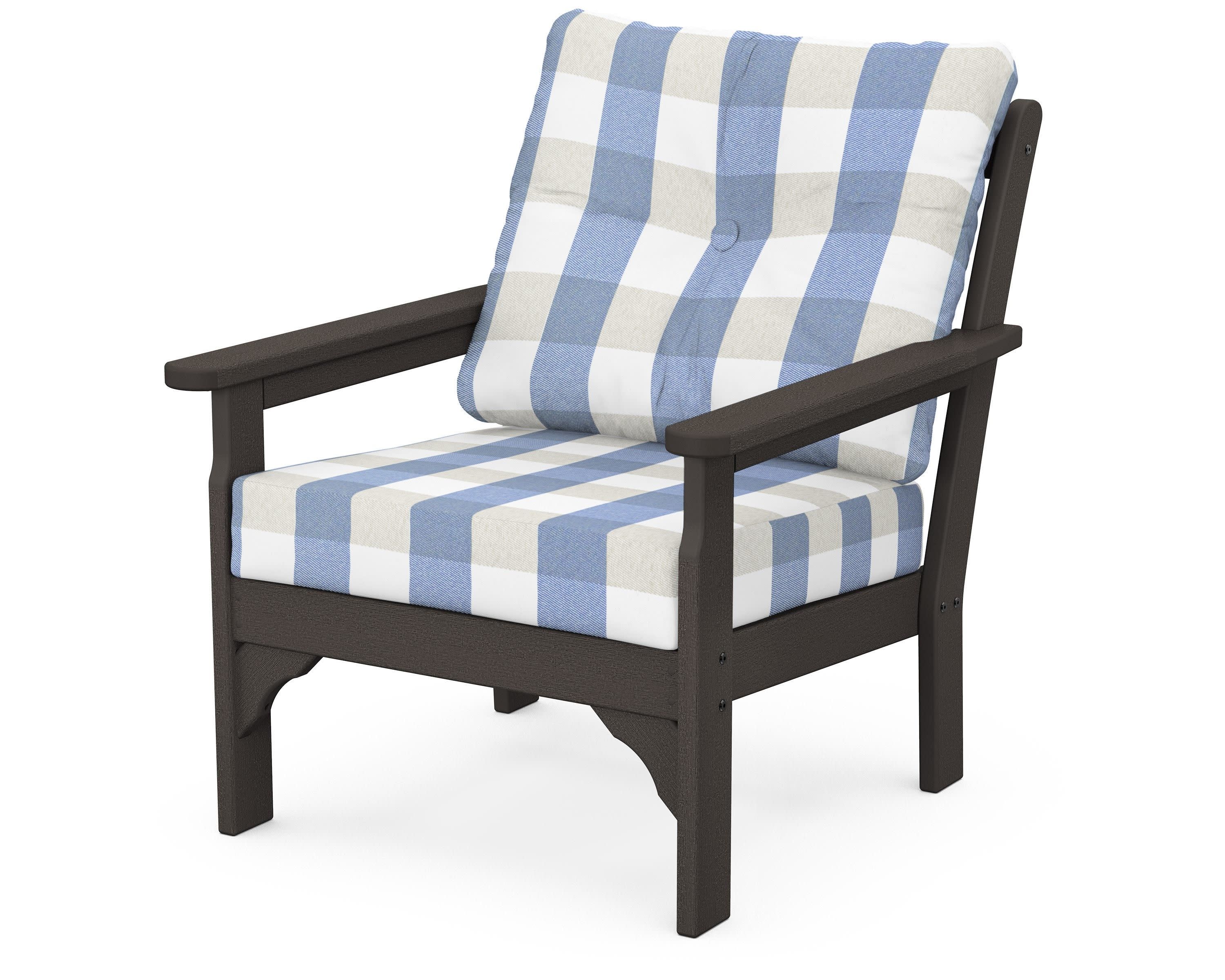 Vineyard Deep Seating Chair in Vintage Coffee / Buffalo Plaid Sky Blue
