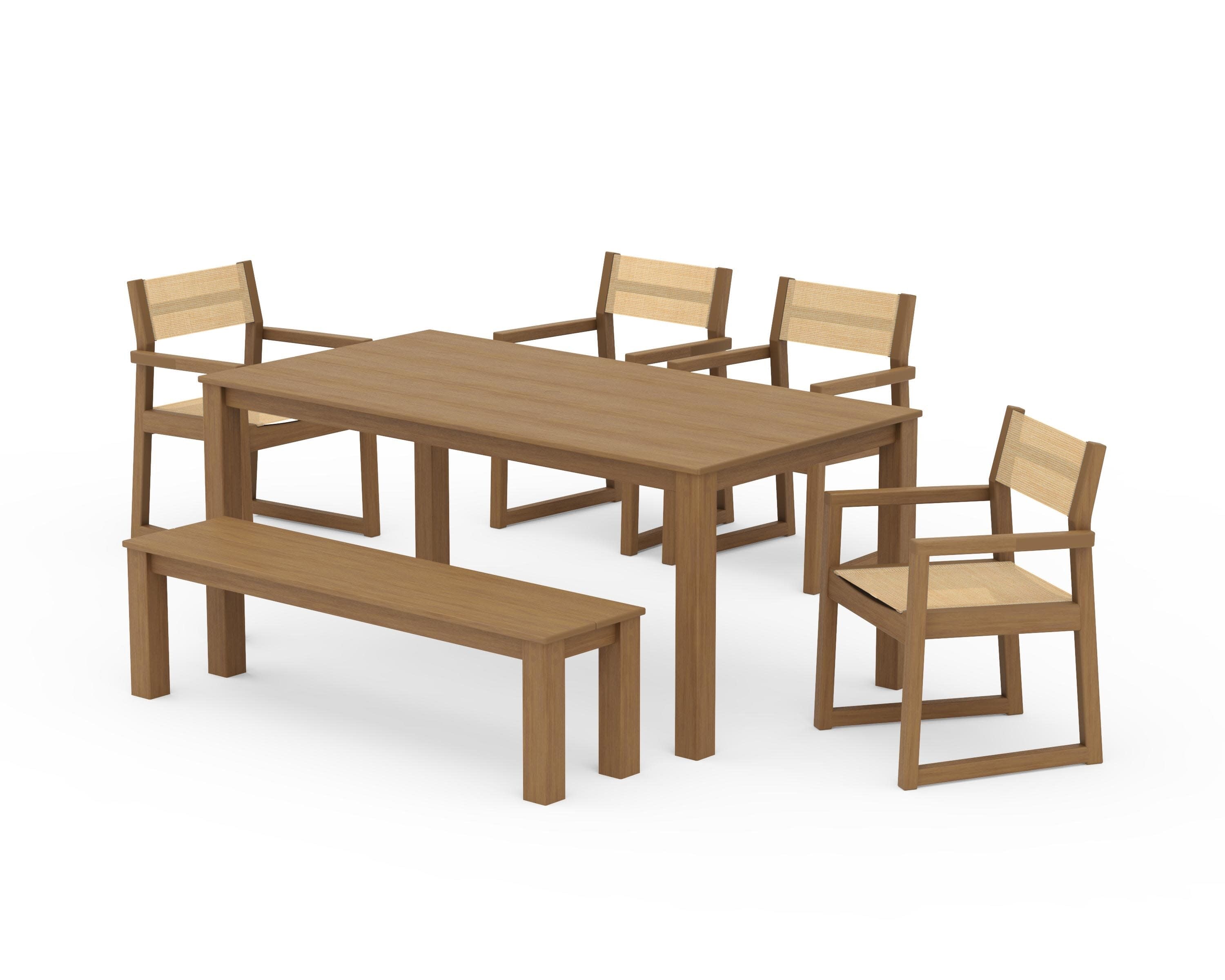 EDGE Sling Arm Chair 6-Piece Parsons Dining Set with Bench in Natural / Dupioni Apricot Sling